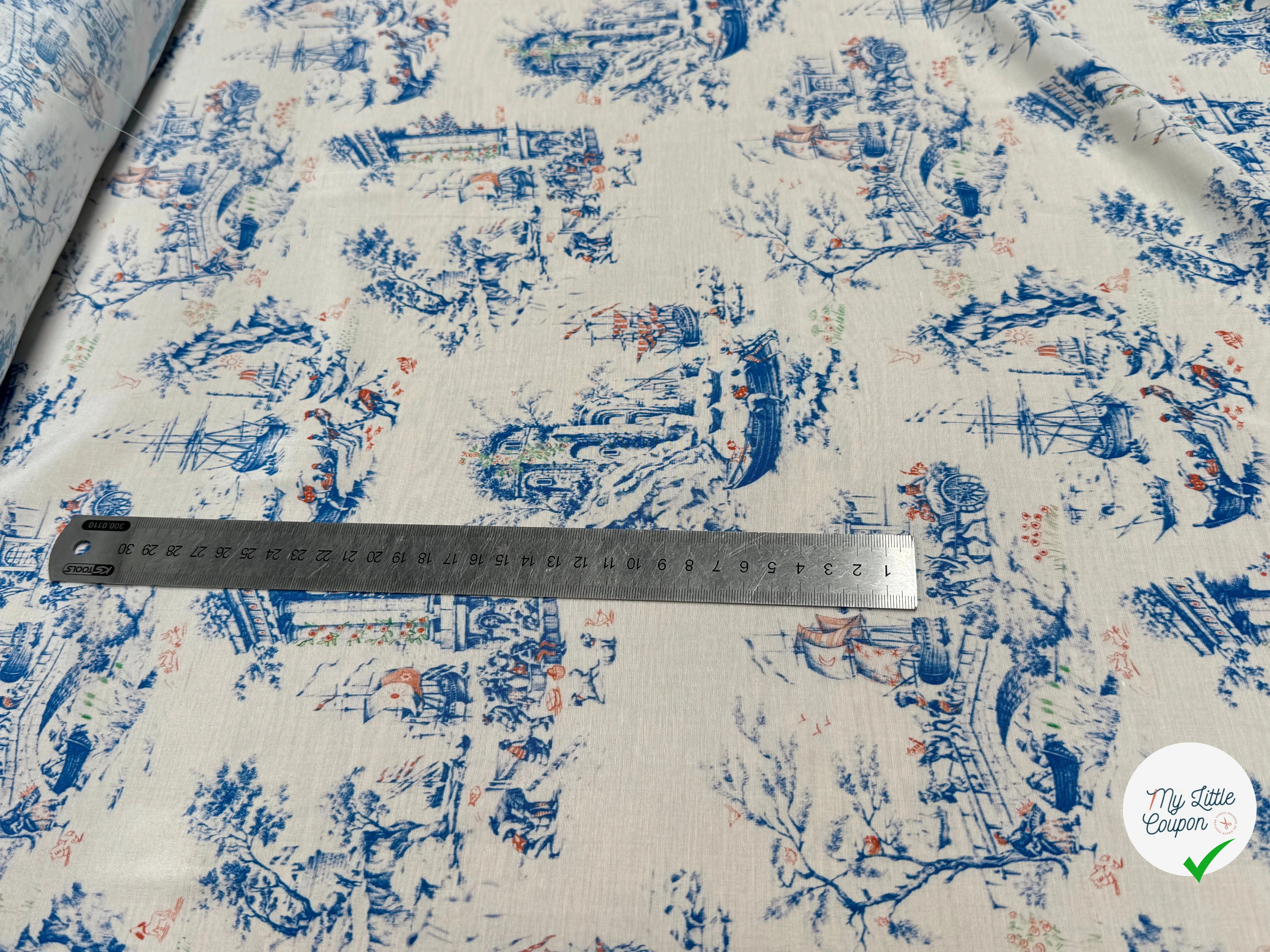 TISSU CRÊPE DE VISCOSE IMPRIMÉ TOILE DE JOUY BLEU ET BLANC TANGO TOILE DE JOUY - My Little Coupon