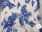 TISSU DAMASSÉ BLANC FLORILÈGE TOILE DE JOUY BLEU MSO