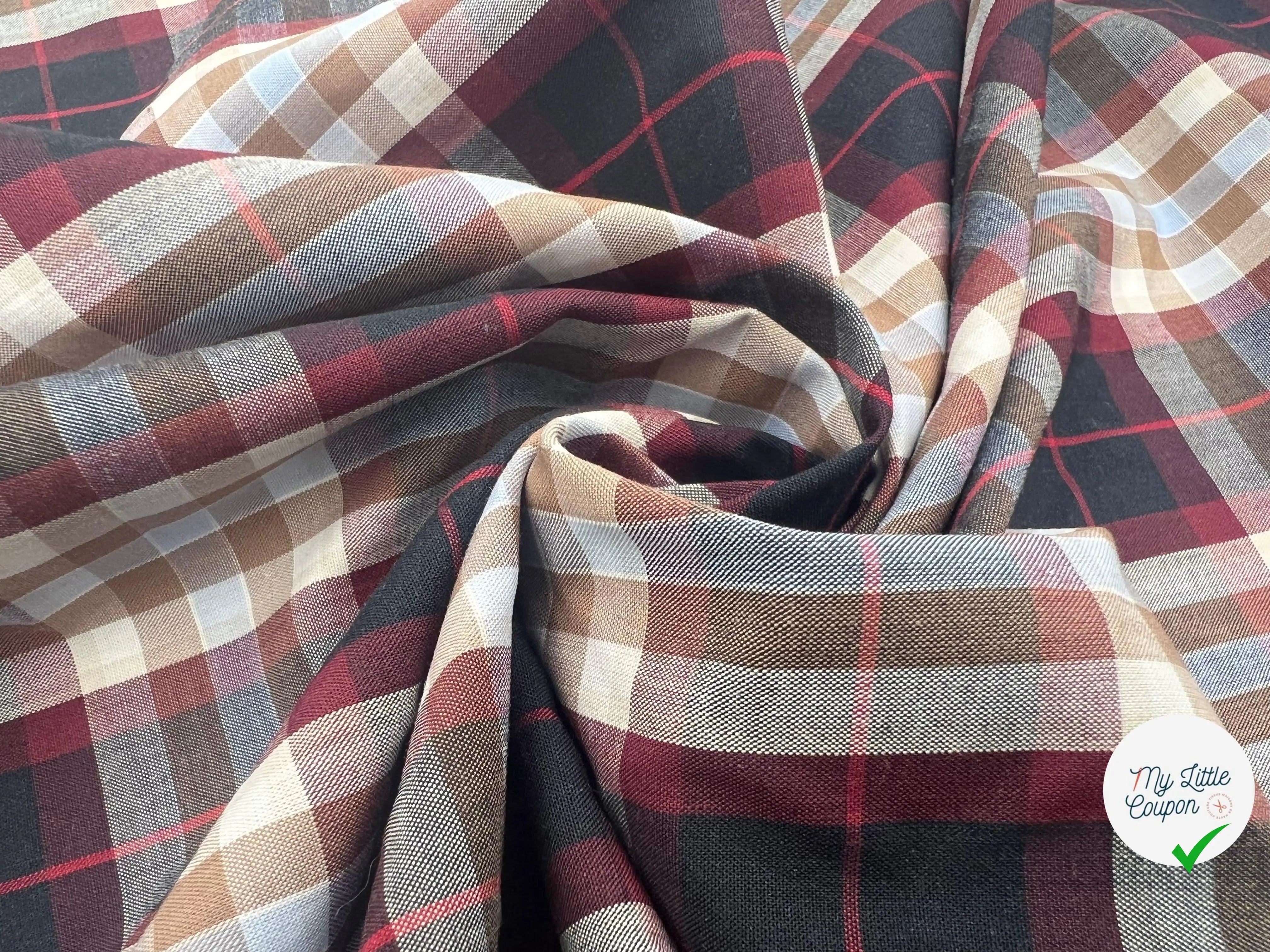 TISSU DE COTON À CARREAUX NOIR BURGUNDY ET CAFÉ - My Little Coupon - tissu - coudre