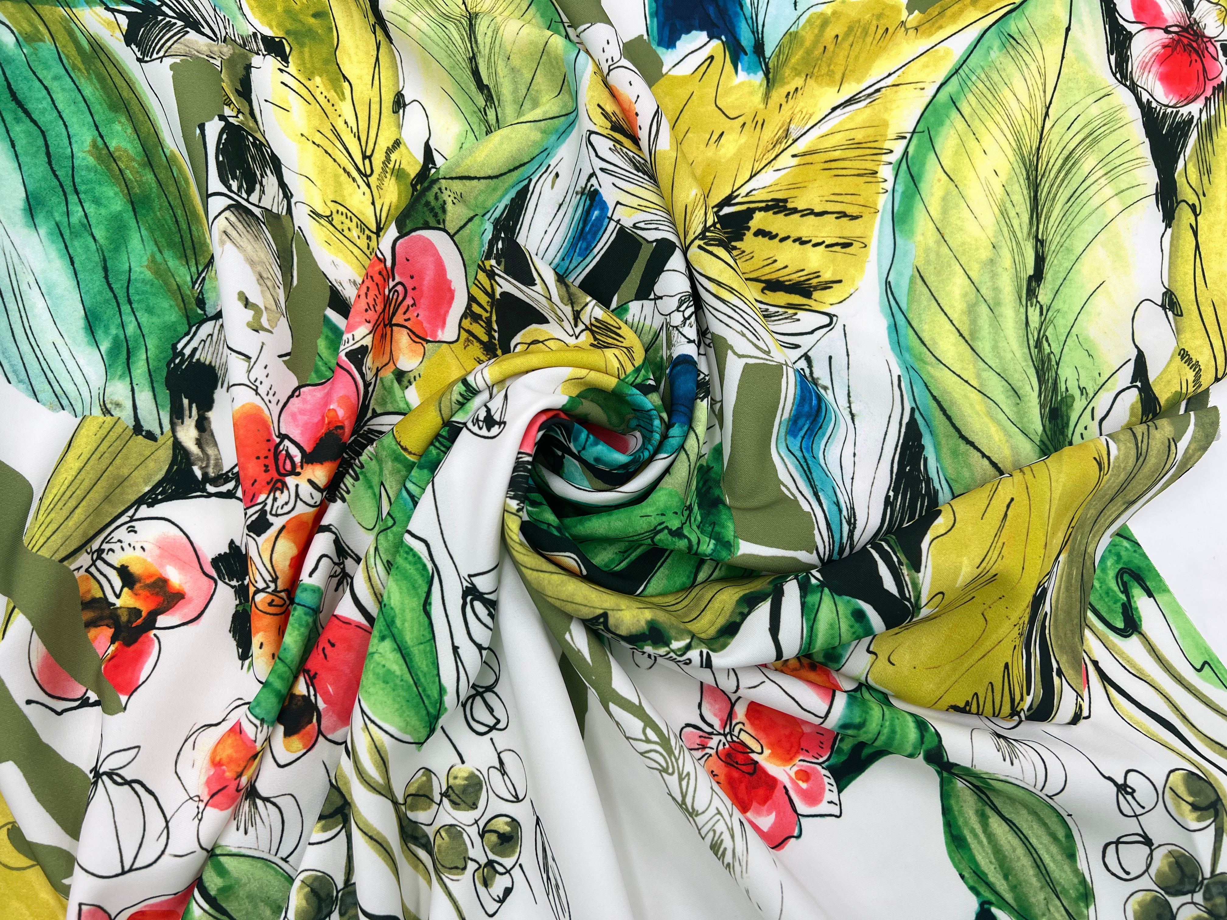 TISSU FLUIDE IMPRIMÉ STRETCH AQUARELLE BOTANIQUE MOTIF PLACÉ MSO