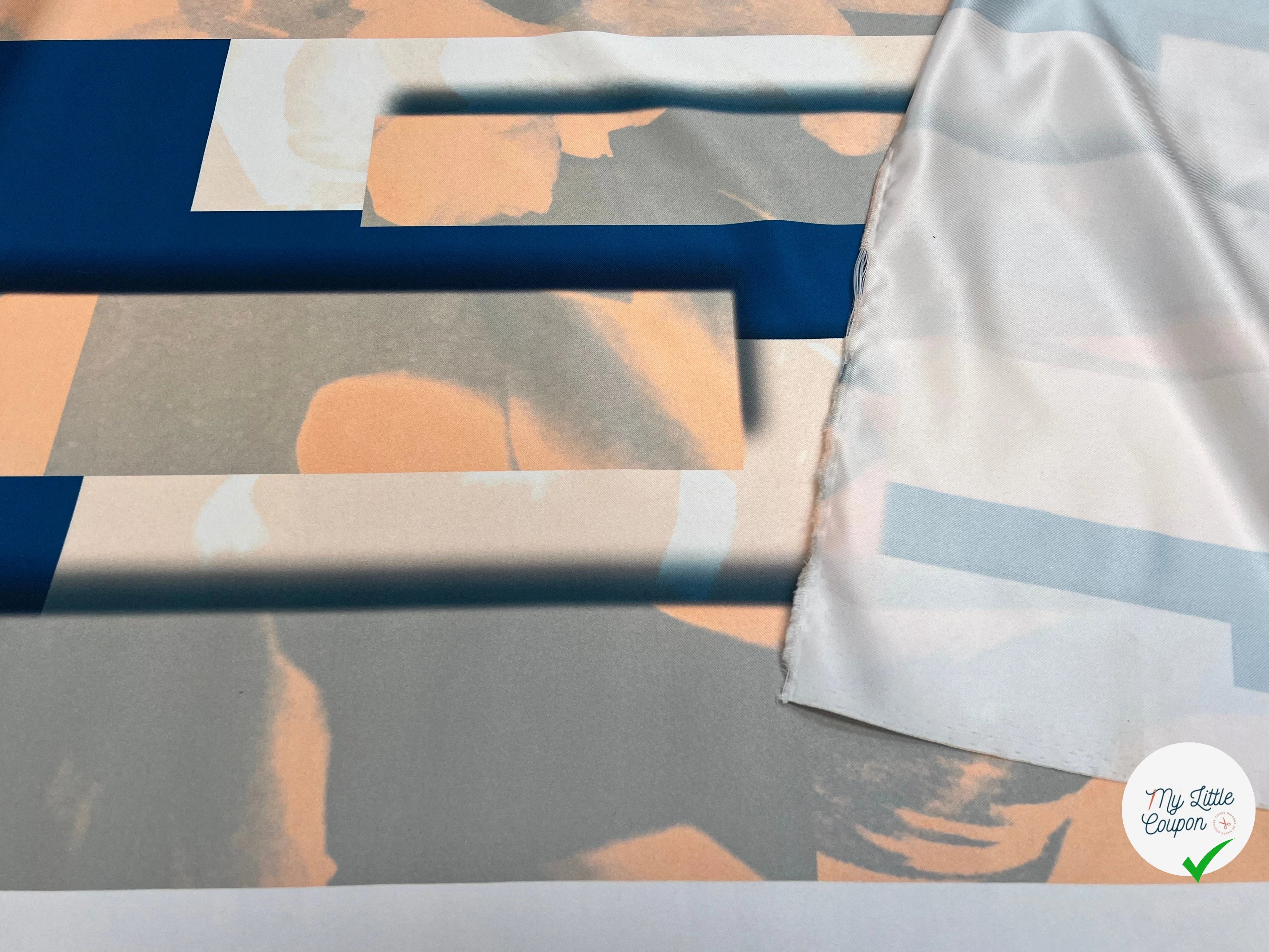 TISSU SATINÉ POLYESTER MOTIF AMBIANCE BLEU ROSE - My Little Coupon