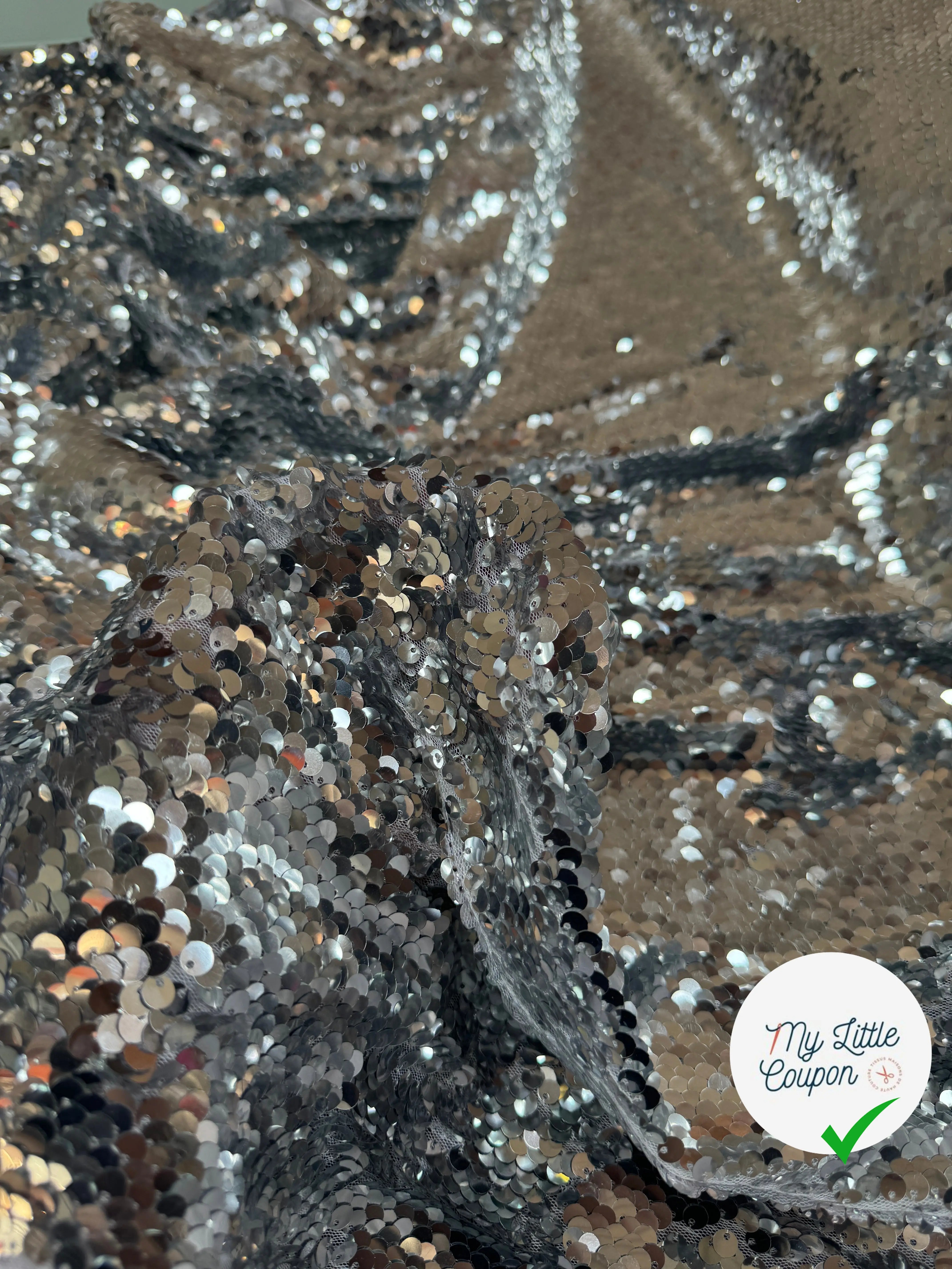 TISSU SEQUIN PAILLETTES SUR TULLE SILVER - My Little Coupon