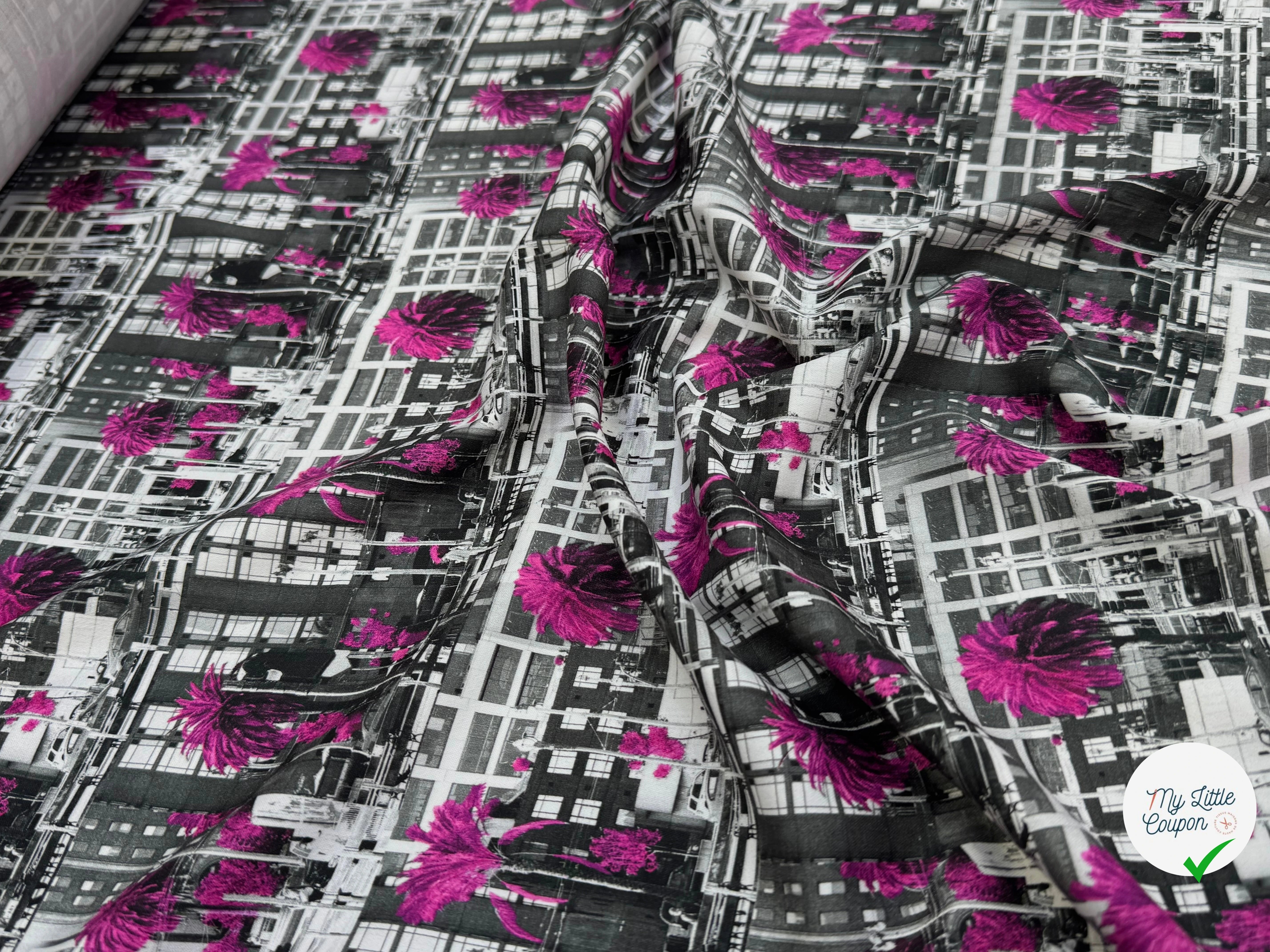 TOILE DE COTON NOBILEST STRETCH IMPRIMÉ GRAPHIQUE PALMIER ROSE - My Little Coupon