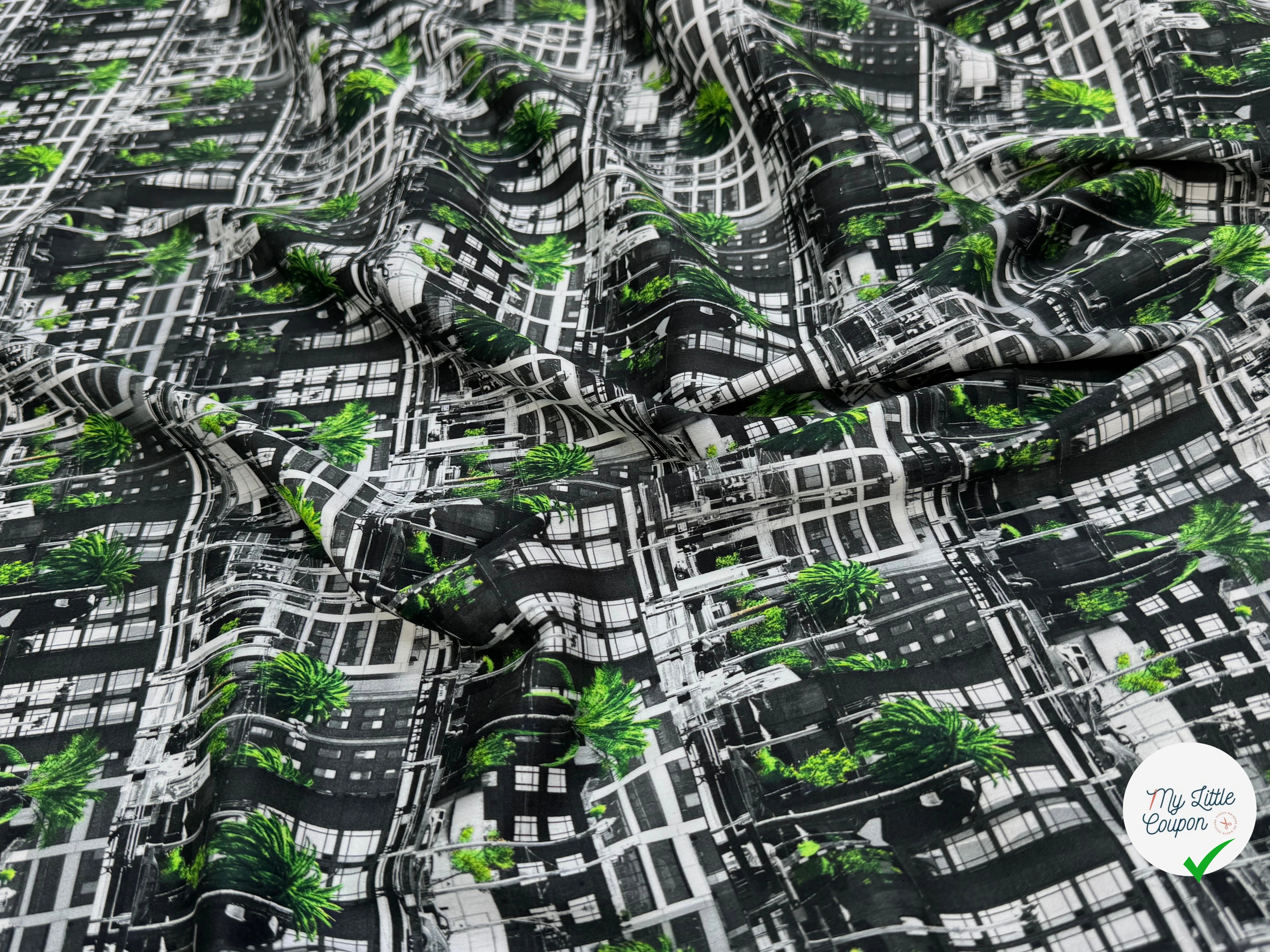 TOILE DE COTON NOBILEST STRETCH IMPRIMÉ GRAPHIQUE PALMIER VERT - My Little Coupon