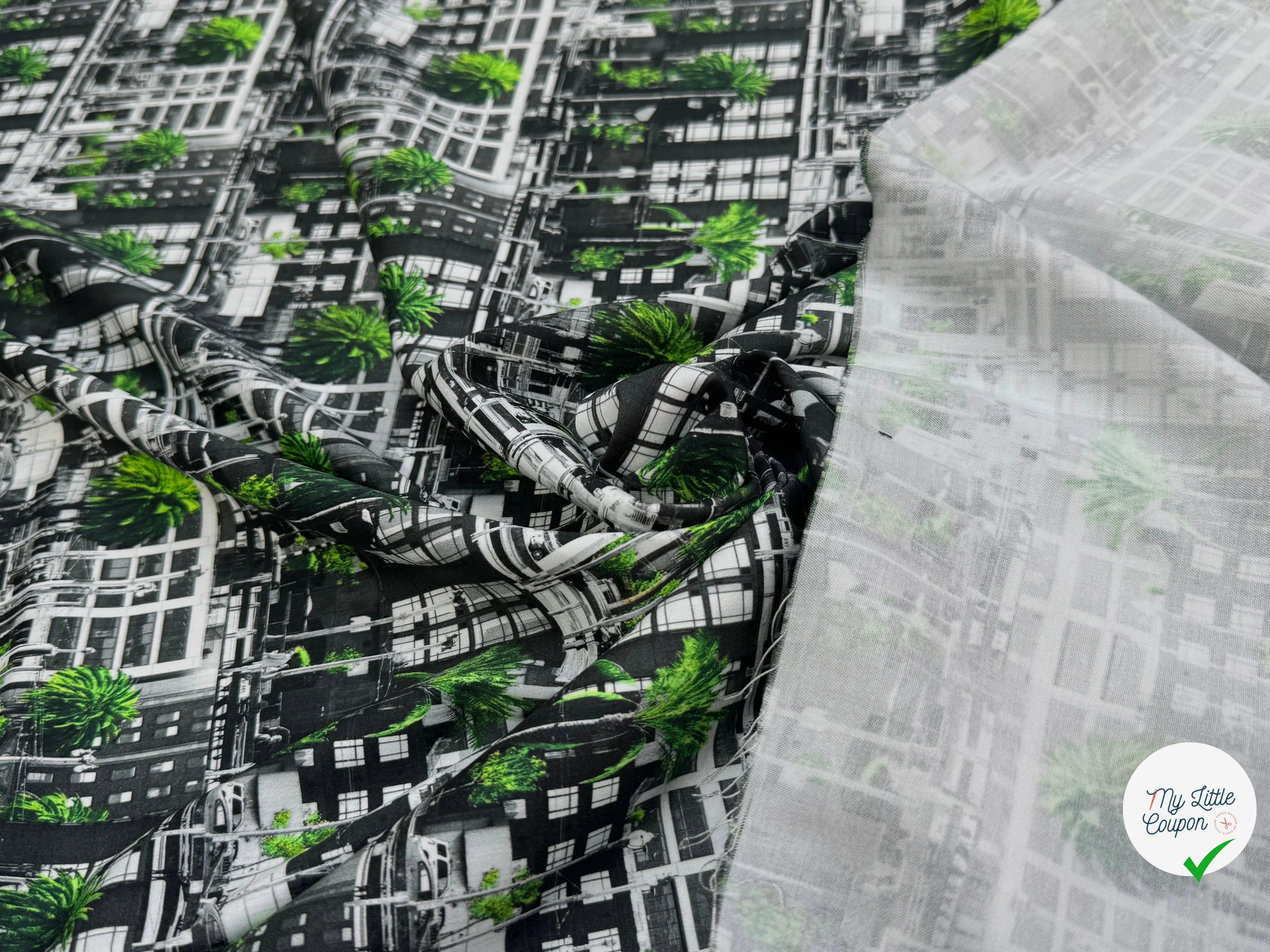 TOILE DE COTON NOBILEST STRETCH IMPRIMÉ GRAPHIQUE PALMIER VERT - My Little Coupon