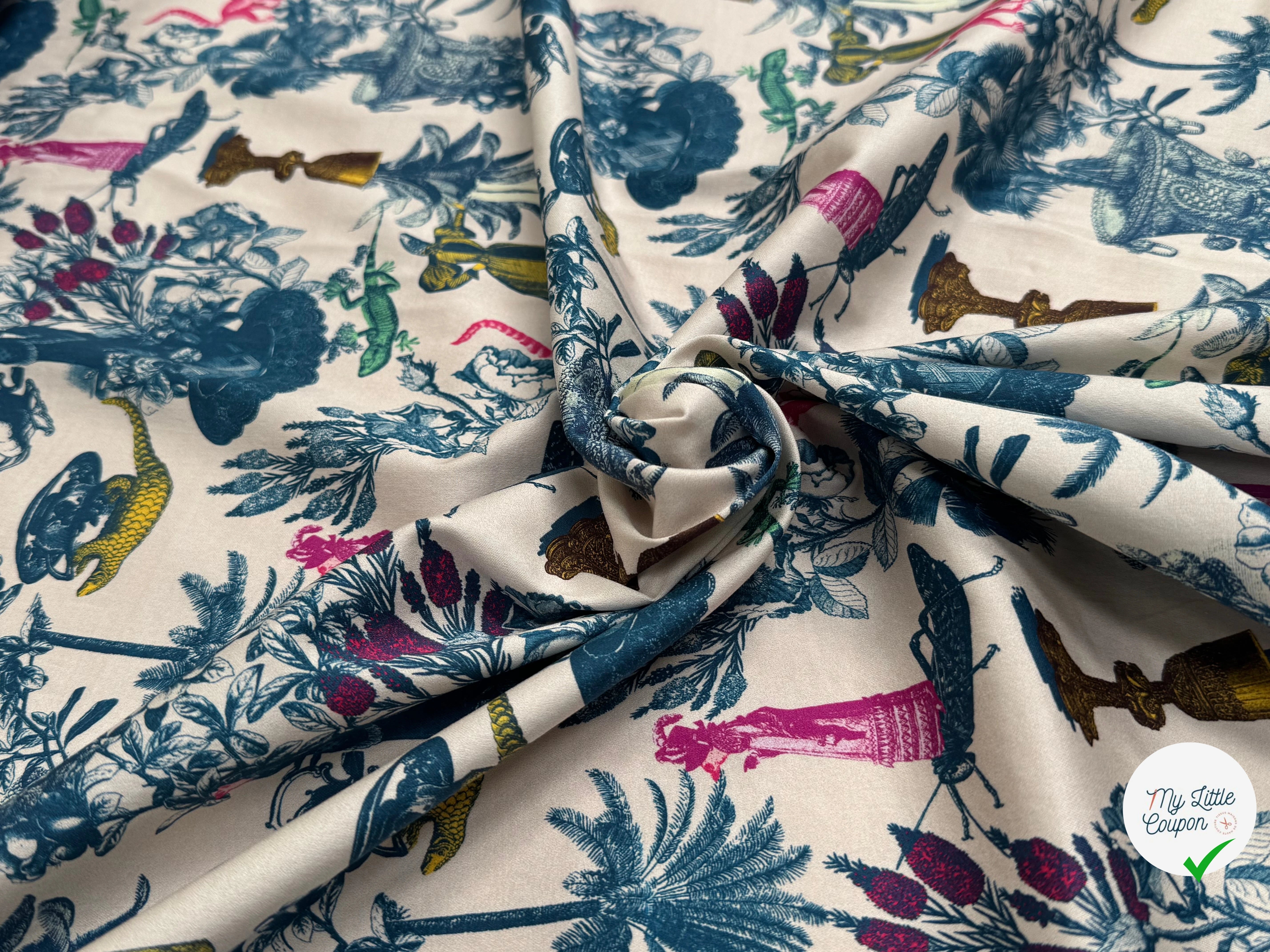 TOILE DE COTON STRETCH IMPRIMÉ TOILE DE JOUY BLEU CHUPITO TEATIME BLEU - My Little Coupon
