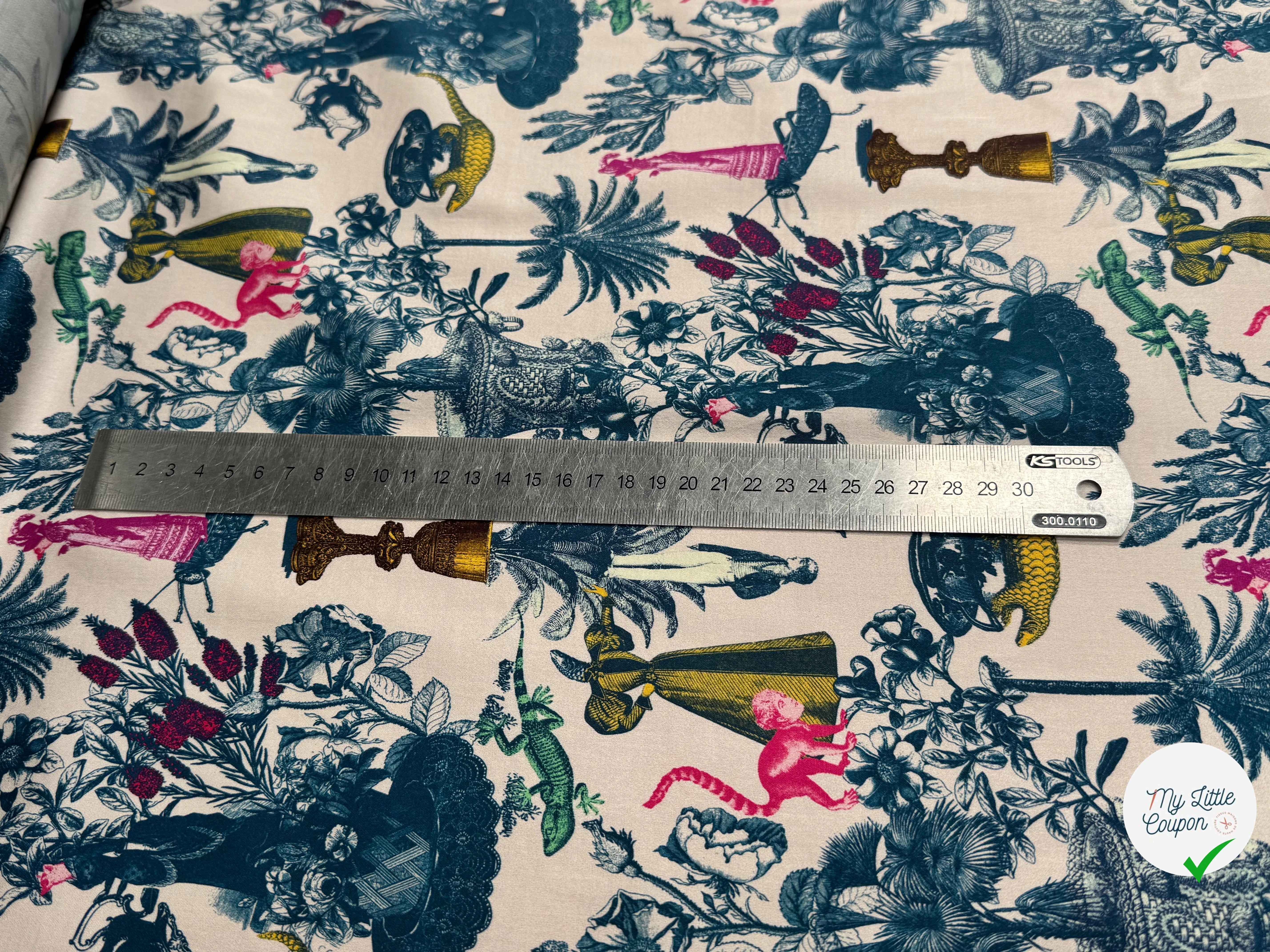 TOILE DE COTON STRETCH IMPRIMÉ TOILE DE JOUY BLEU CHUPITO TEATIME BLEU - My Little Coupon