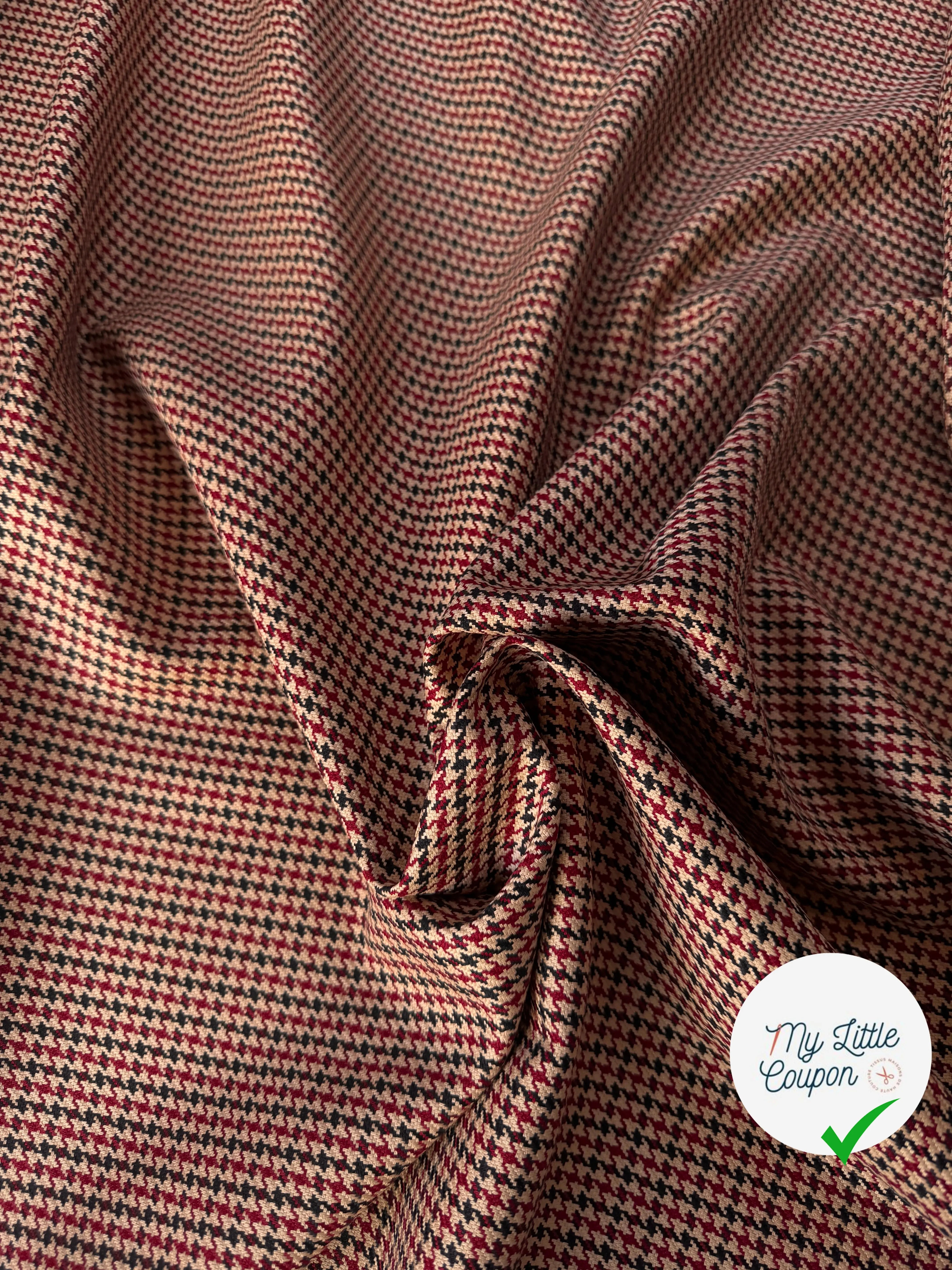 TOILE SUPERBE TENUE COTON PIED DE POULE BURGUNDY NOIR FOND CRÈME - My Little Coupon
