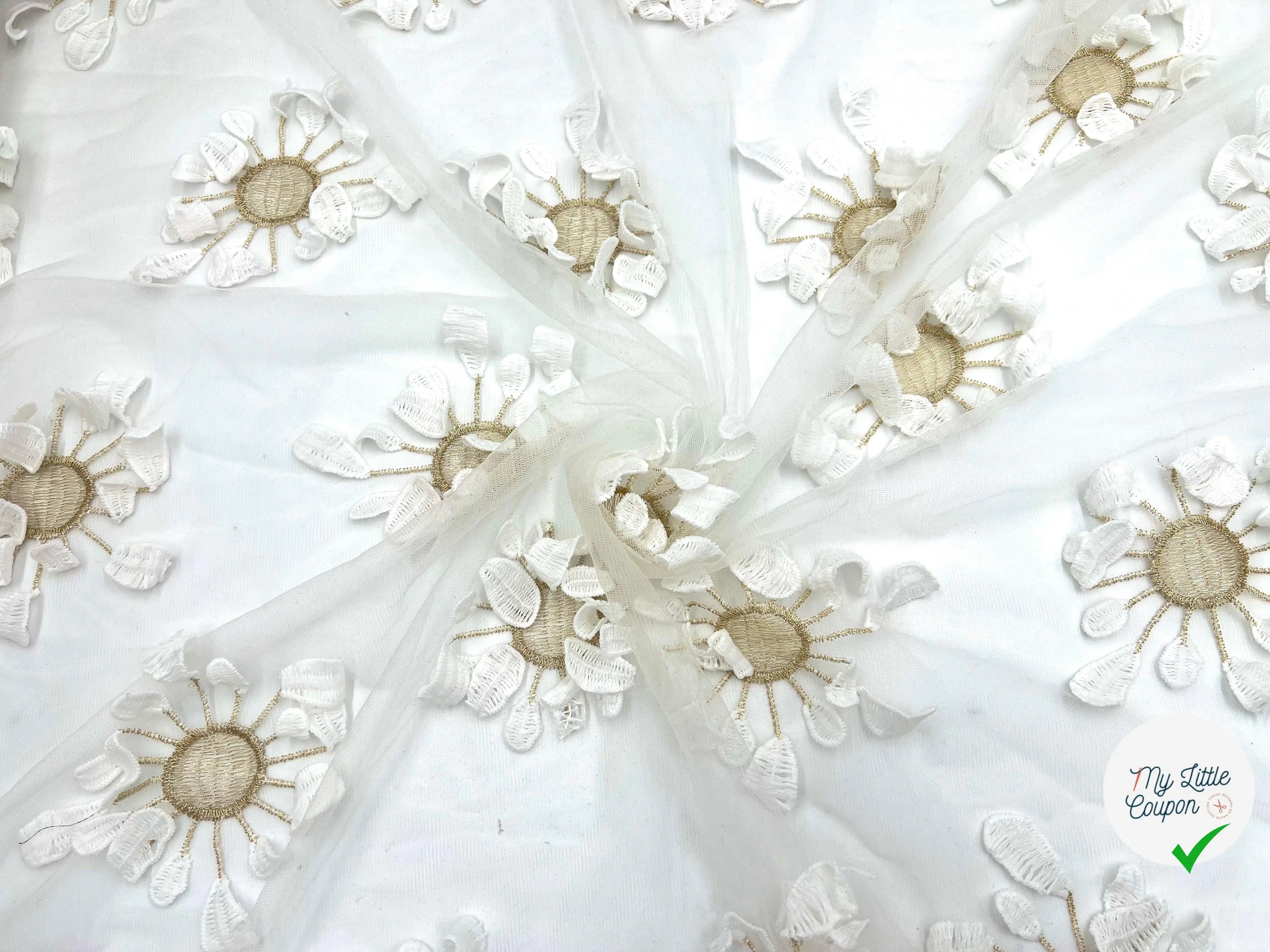 TULLE REBRODÉE FLEURS COUSUES BLANC ET MÉTAL DORÉ - My Little Coupon - tissu - coudre