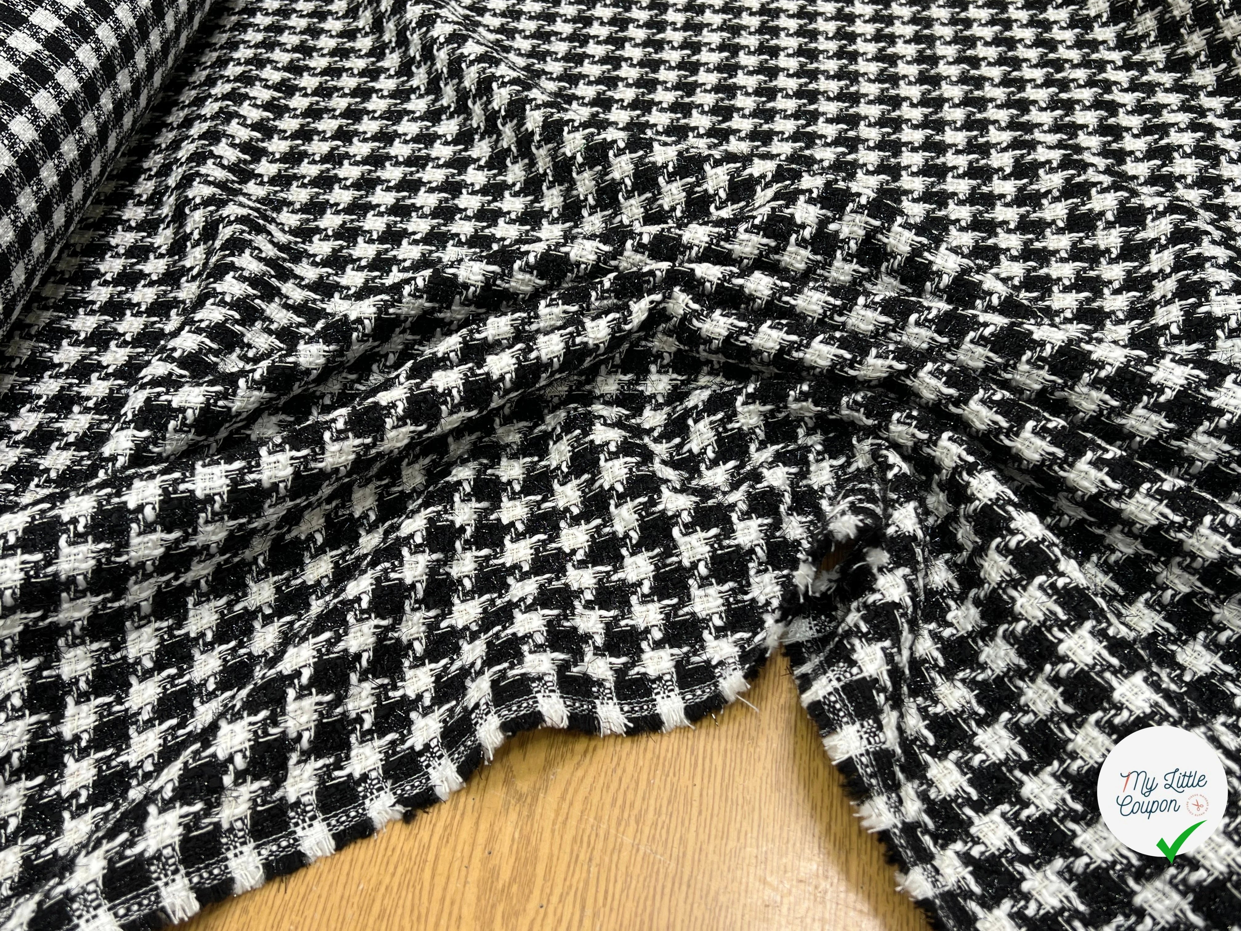 TWEED POLYCOTON ET VISCOSE PIED DE COQ BLANC NOIR 6% LUREX - My Little Coupon