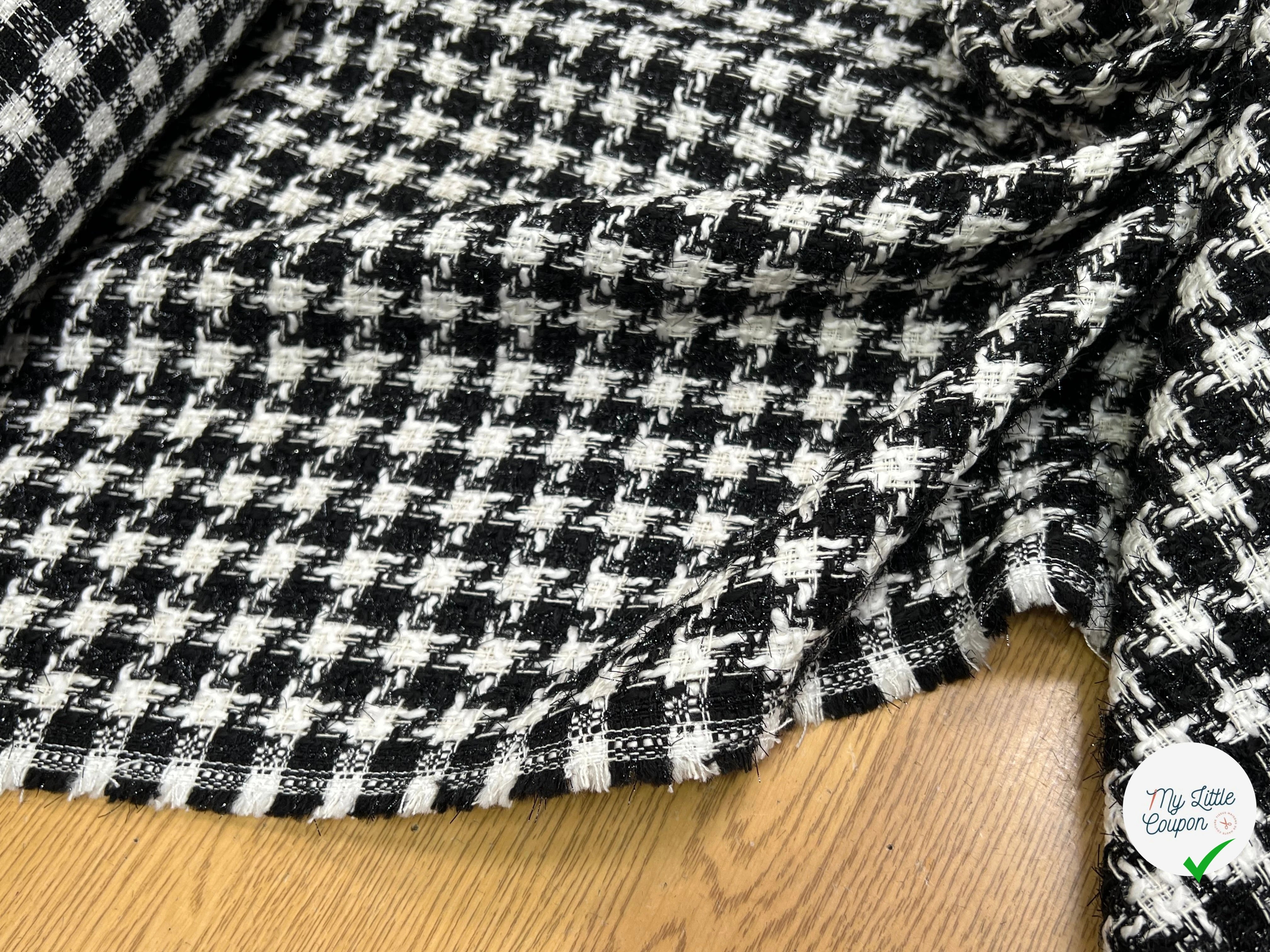 TWEED POLYCOTON ET VISCOSE PIED DE COQ BLANC NOIR 6% LUREX - My Little Coupon