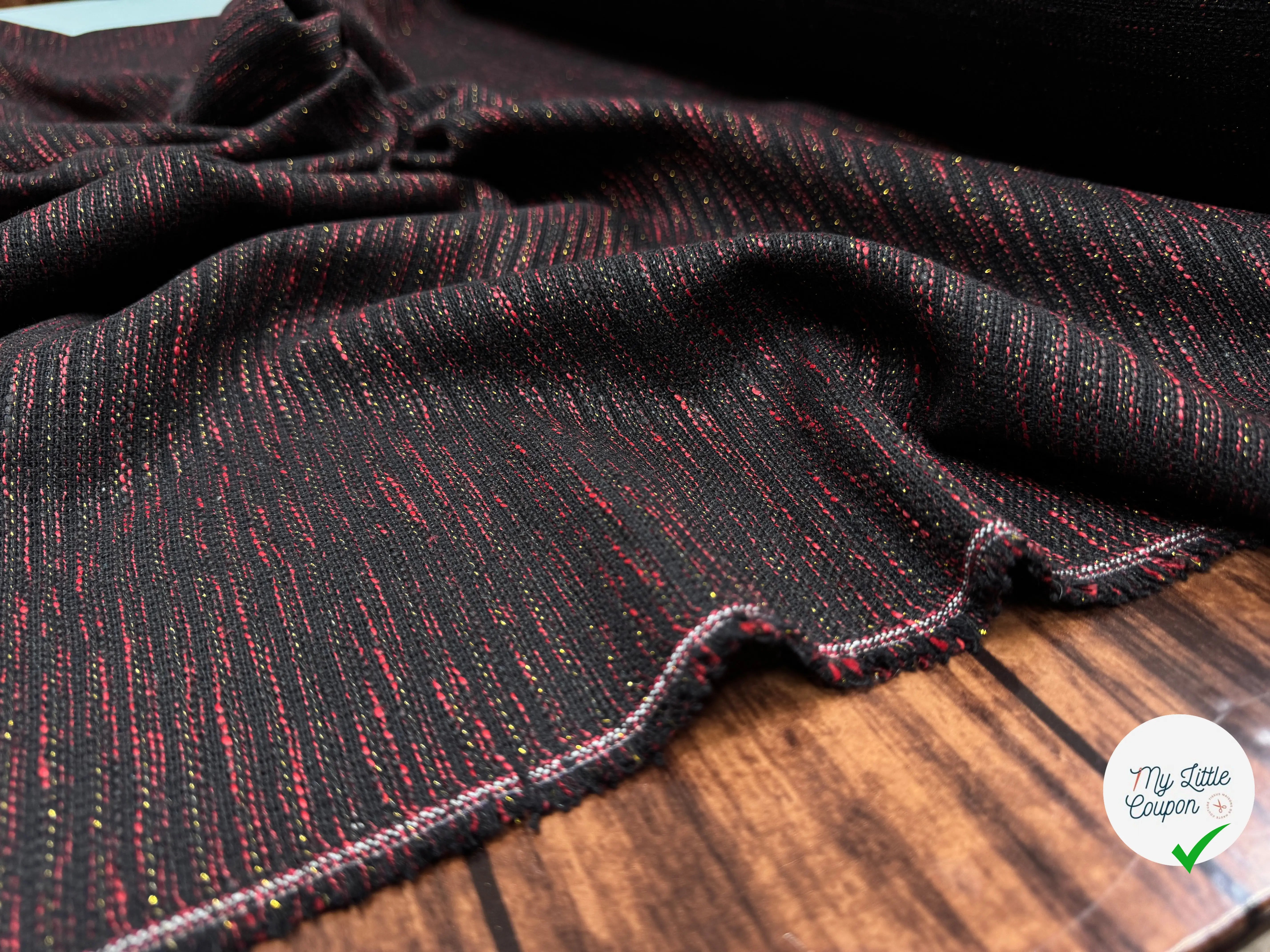 TWEED POLYESTER NOIR ROUGE ET DORÉ - My Little Coupon