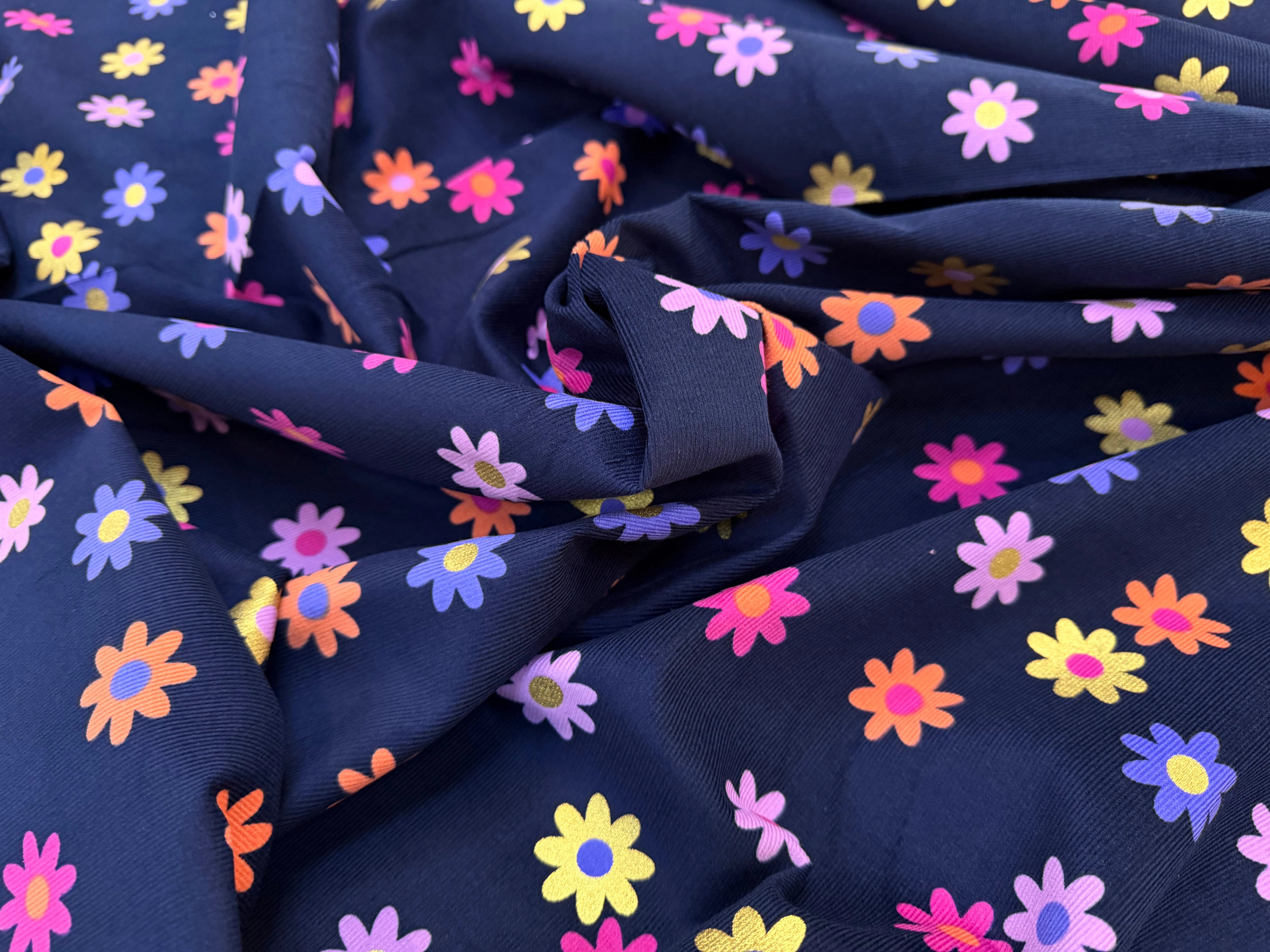 VELOURS BABYCORD FLOWERS – NAVY MULTI - My Little Coupon
