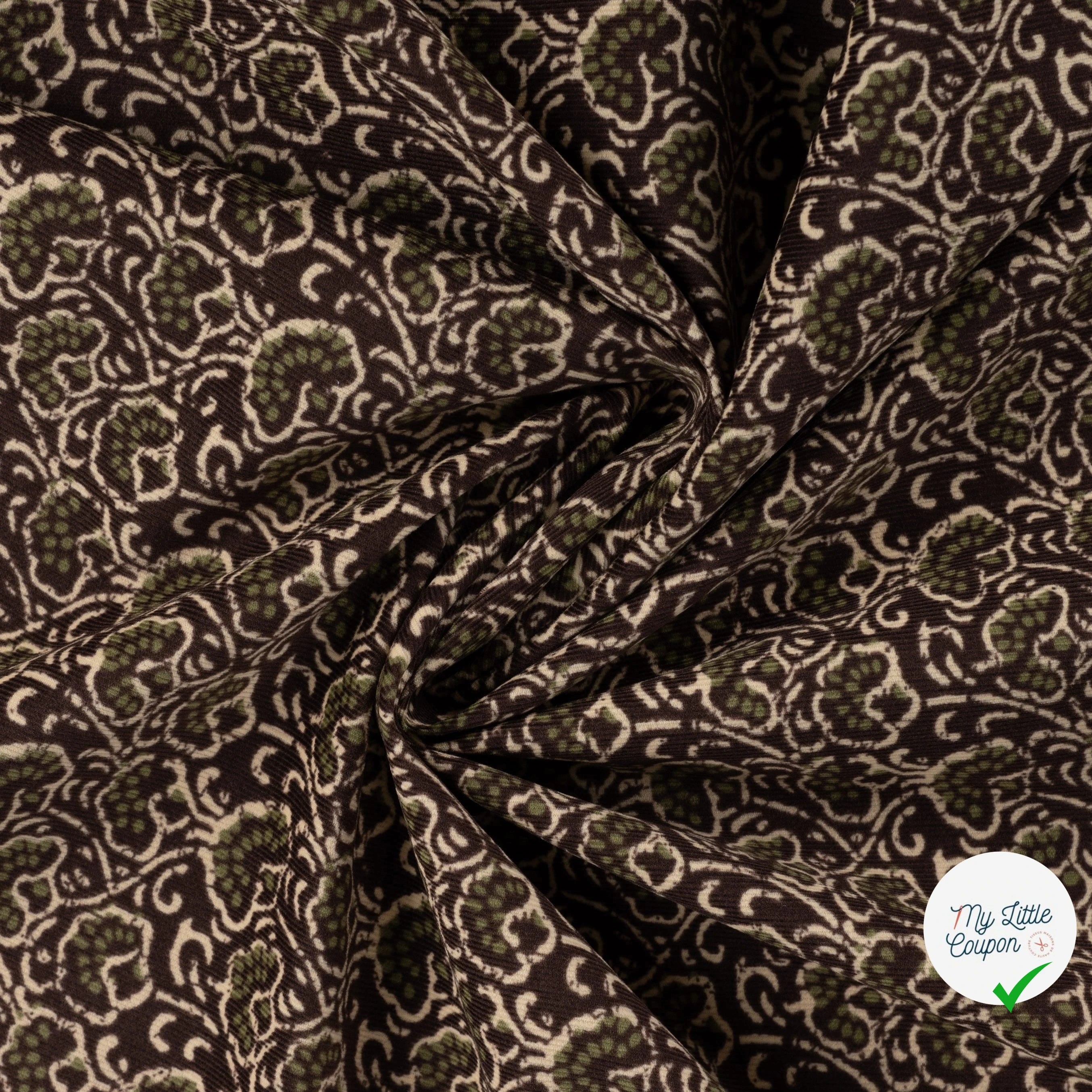 VELOURS CÔTELÉ IMPRIMÉ PETITES FLEURS BRUN FONCÉ - drapé