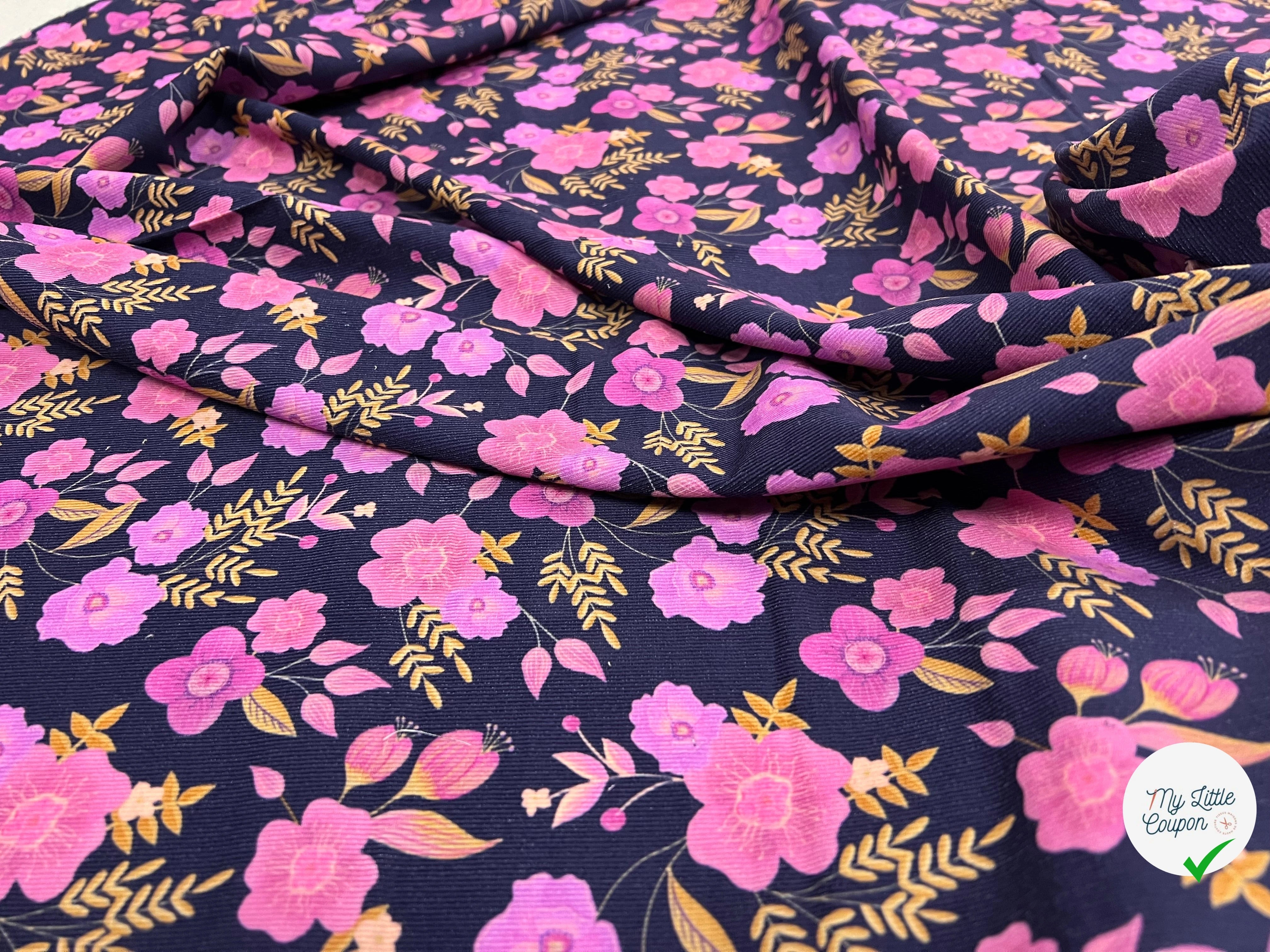 VELOURS COTON BABYCORD FOIL FLOWERS – NAVY - My Little Coupon