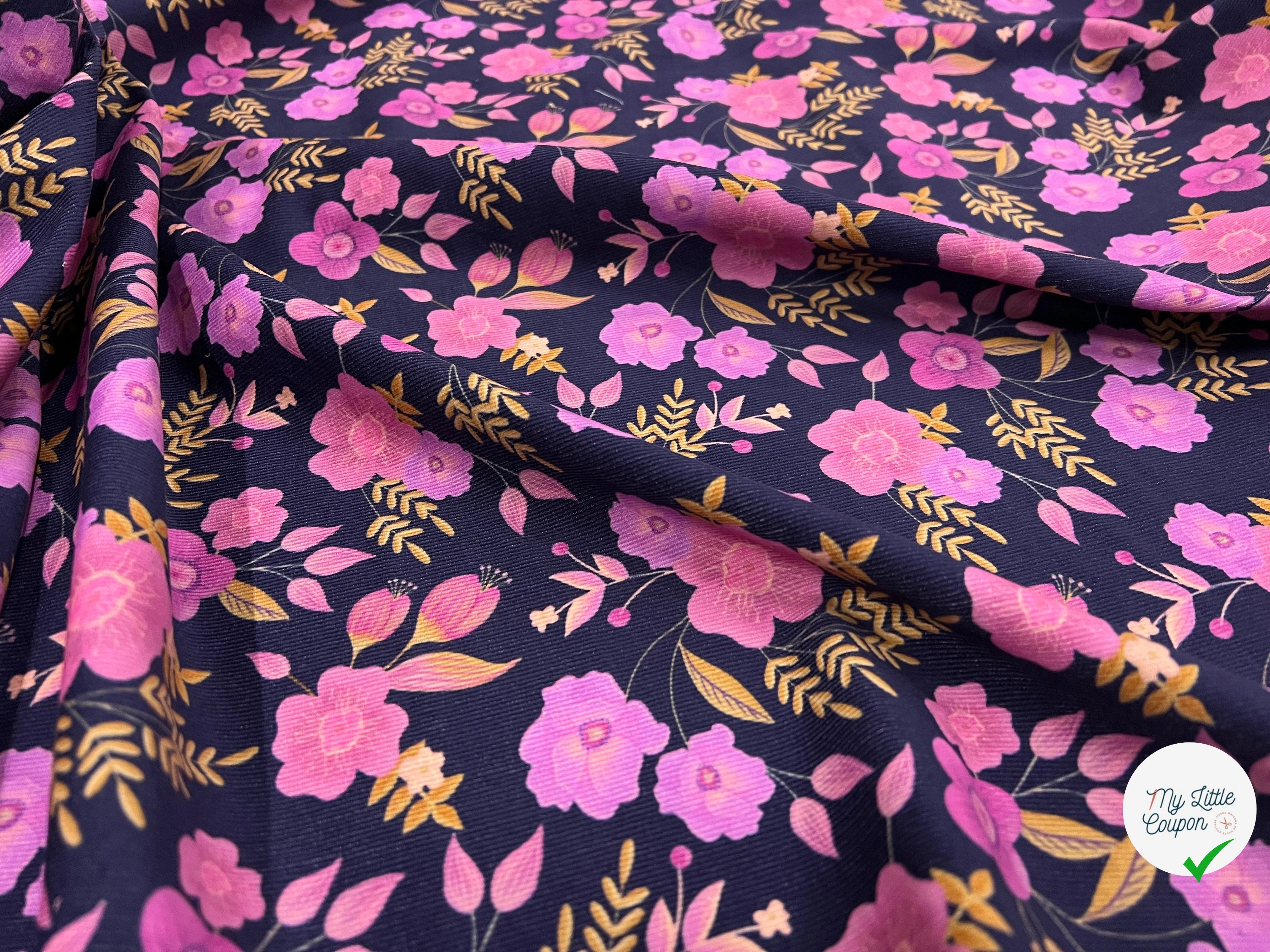 VELOURS COTON BABYCORD FOIL FLOWERS – NAVY - My Little Coupon