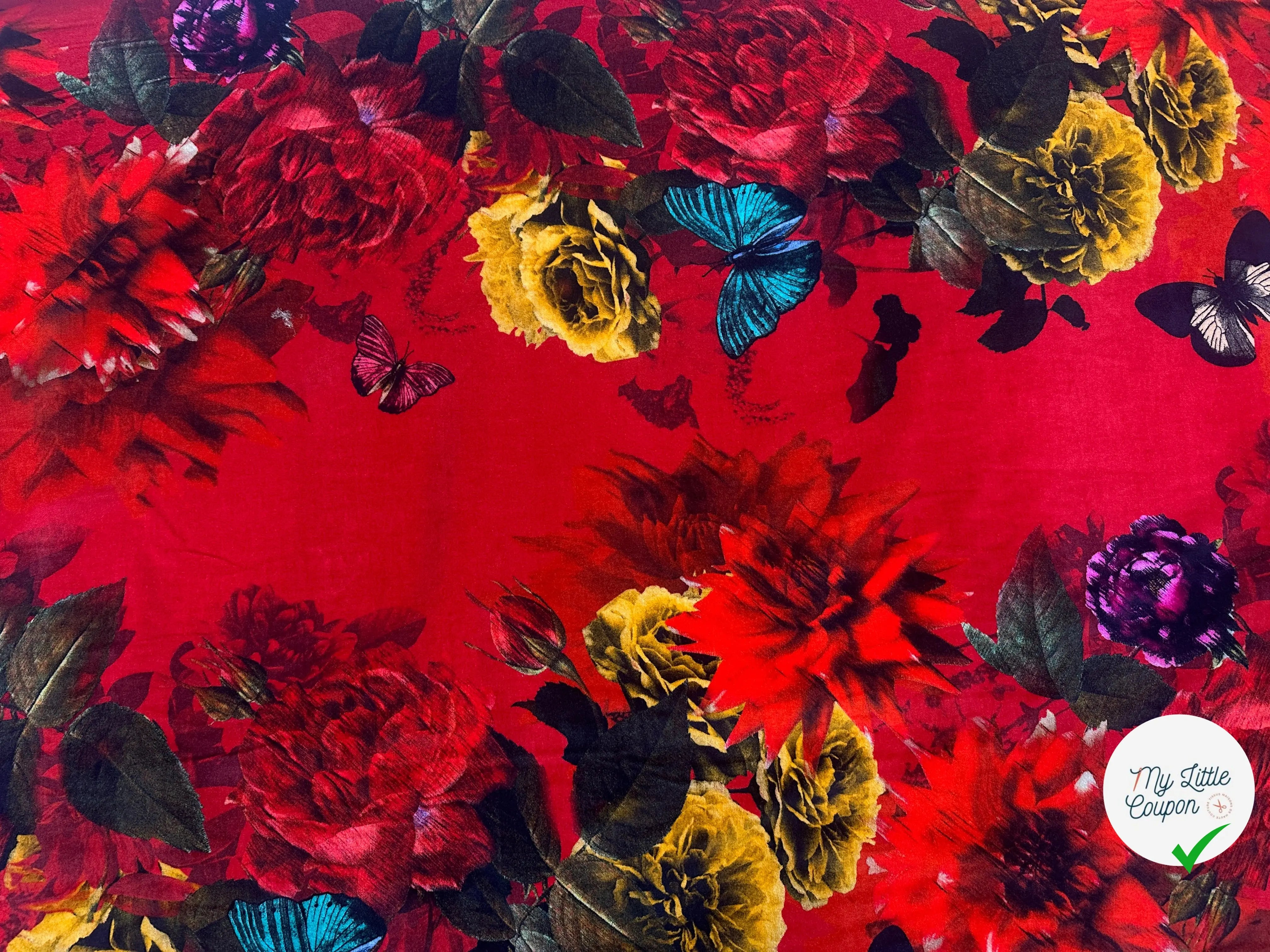 VELOURS DE COTON IMPRIMÉ FLORAL ET PAPILLONS ROUGE MLC INTERN