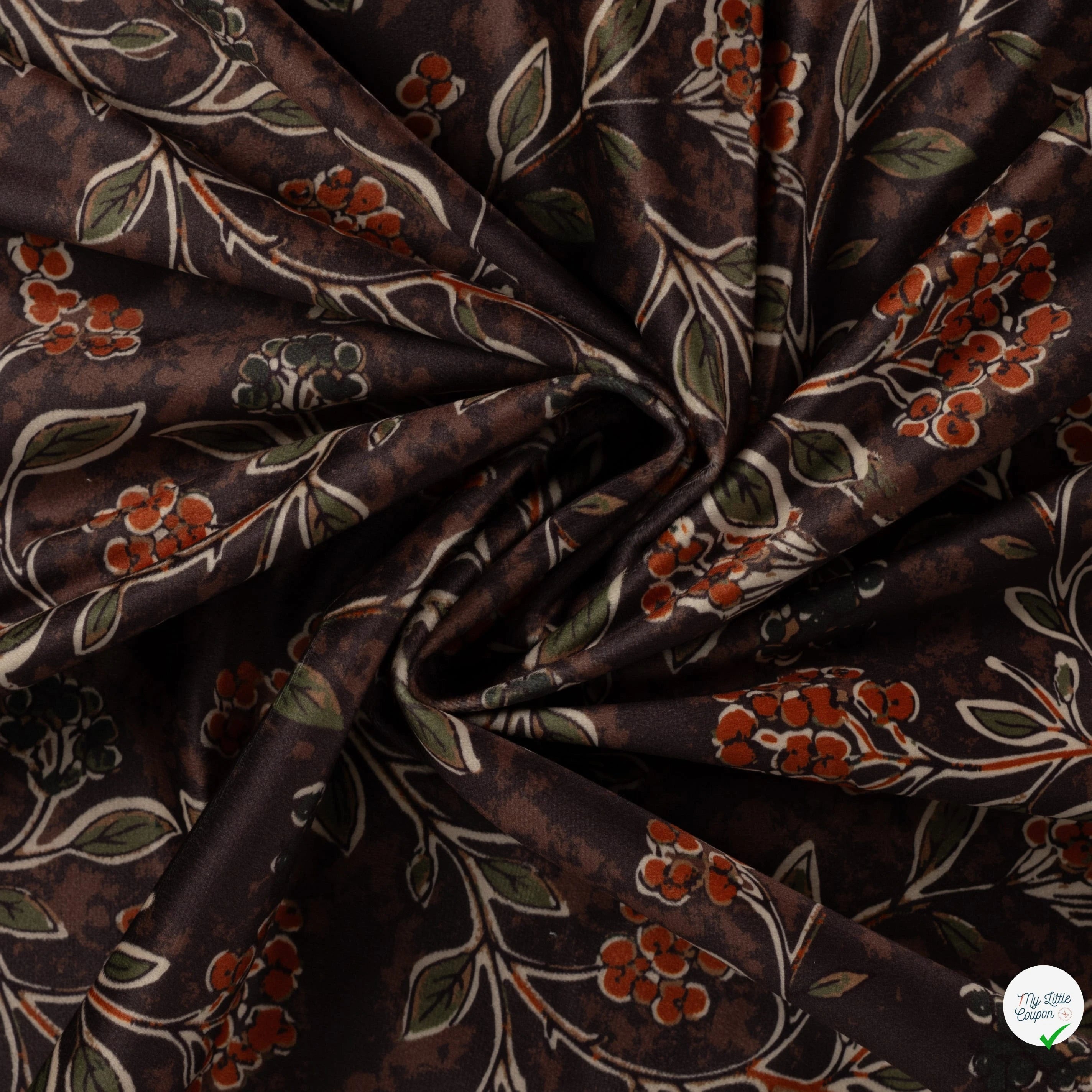 VELOURS IMPRIMÉ FEUILLES BRUN FONCÉ - drapé
