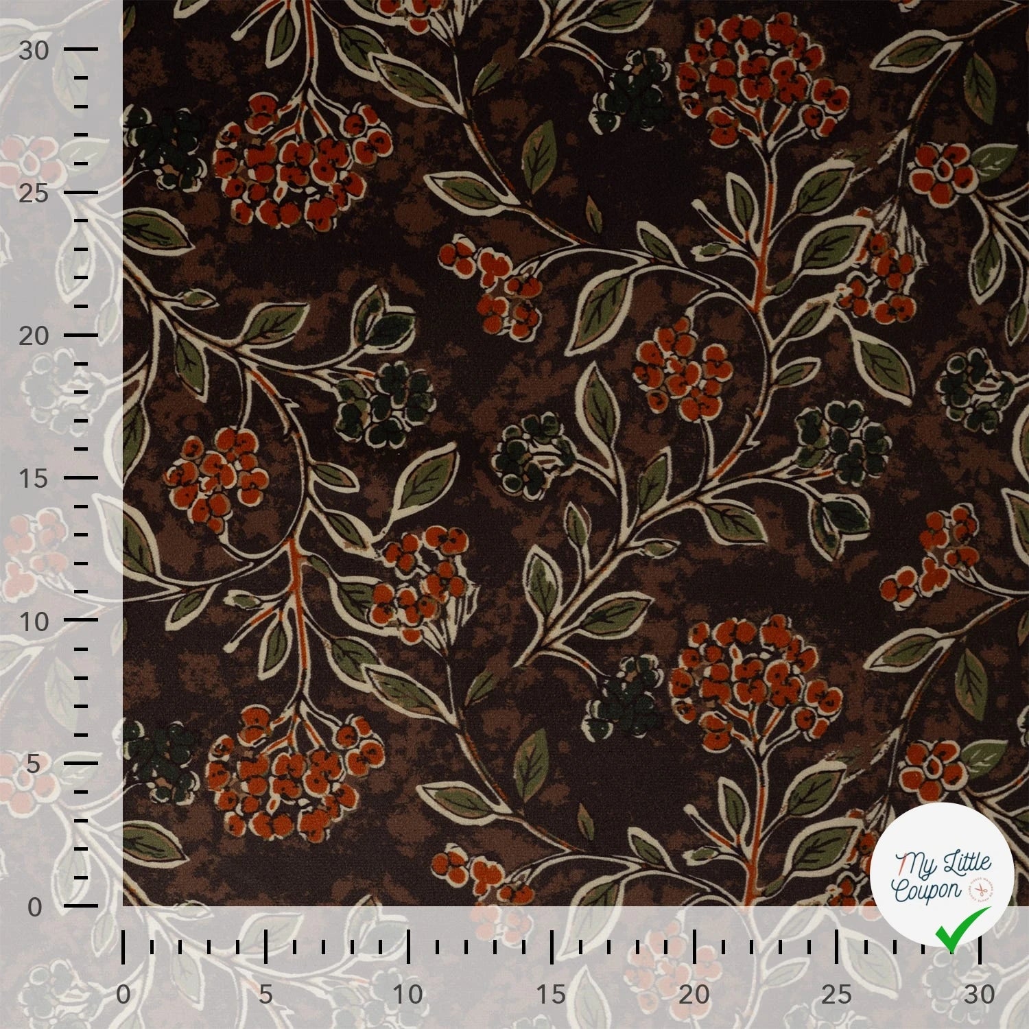 VELOURS IMPRIMÉ FEUILLES BRUN FONCÉ - échelle en cm