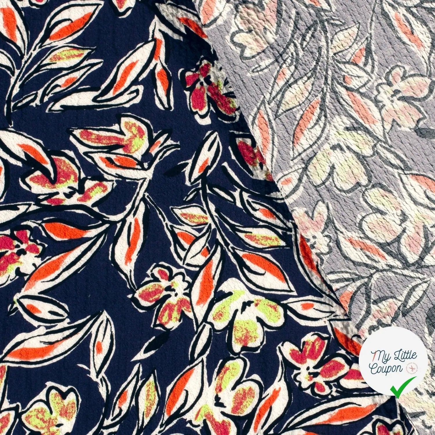 VISCOSE BUBBLE TISSU IMPRIMÉ FEUILLES BLEU MARINE - My Little Coupon