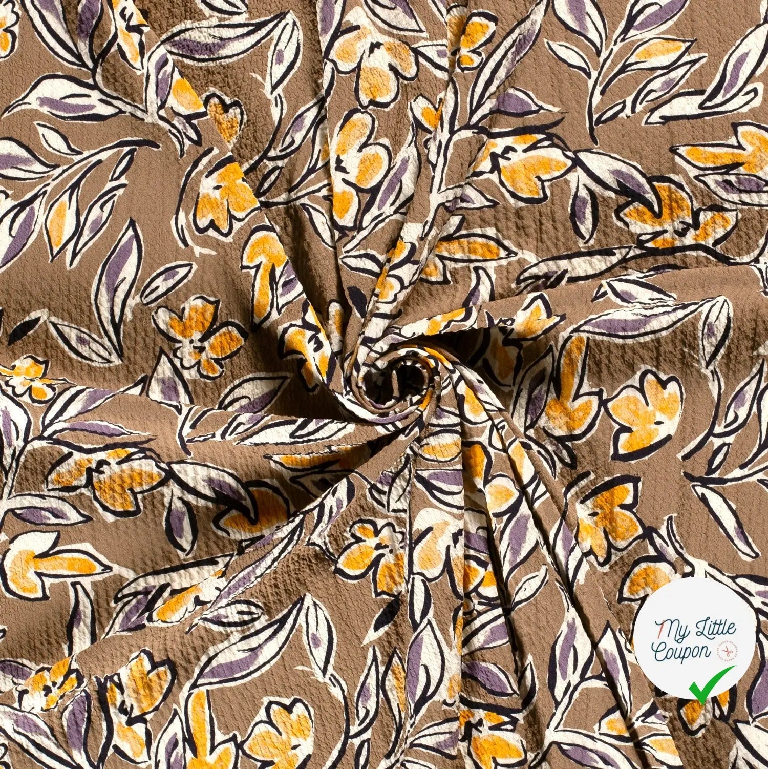 VISCOSE BUBBLE TISSU IMPRIMÉ FEUILLES MARRON TAUPE - My Little Coupon