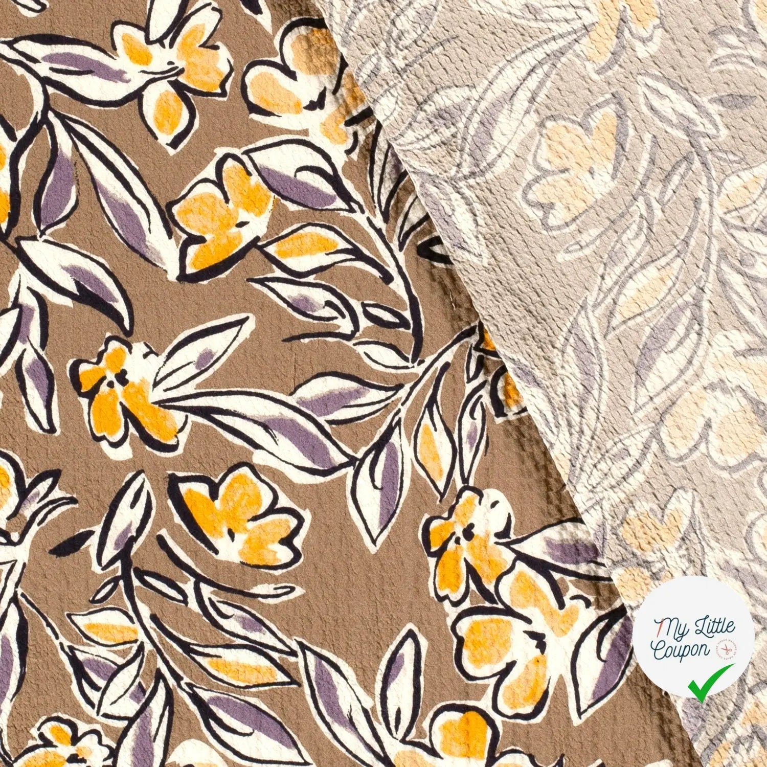 VISCOSE BUBBLE TISSU IMPRIMÉ FEUILLES MARRON TAUPE - My Little Coupon
