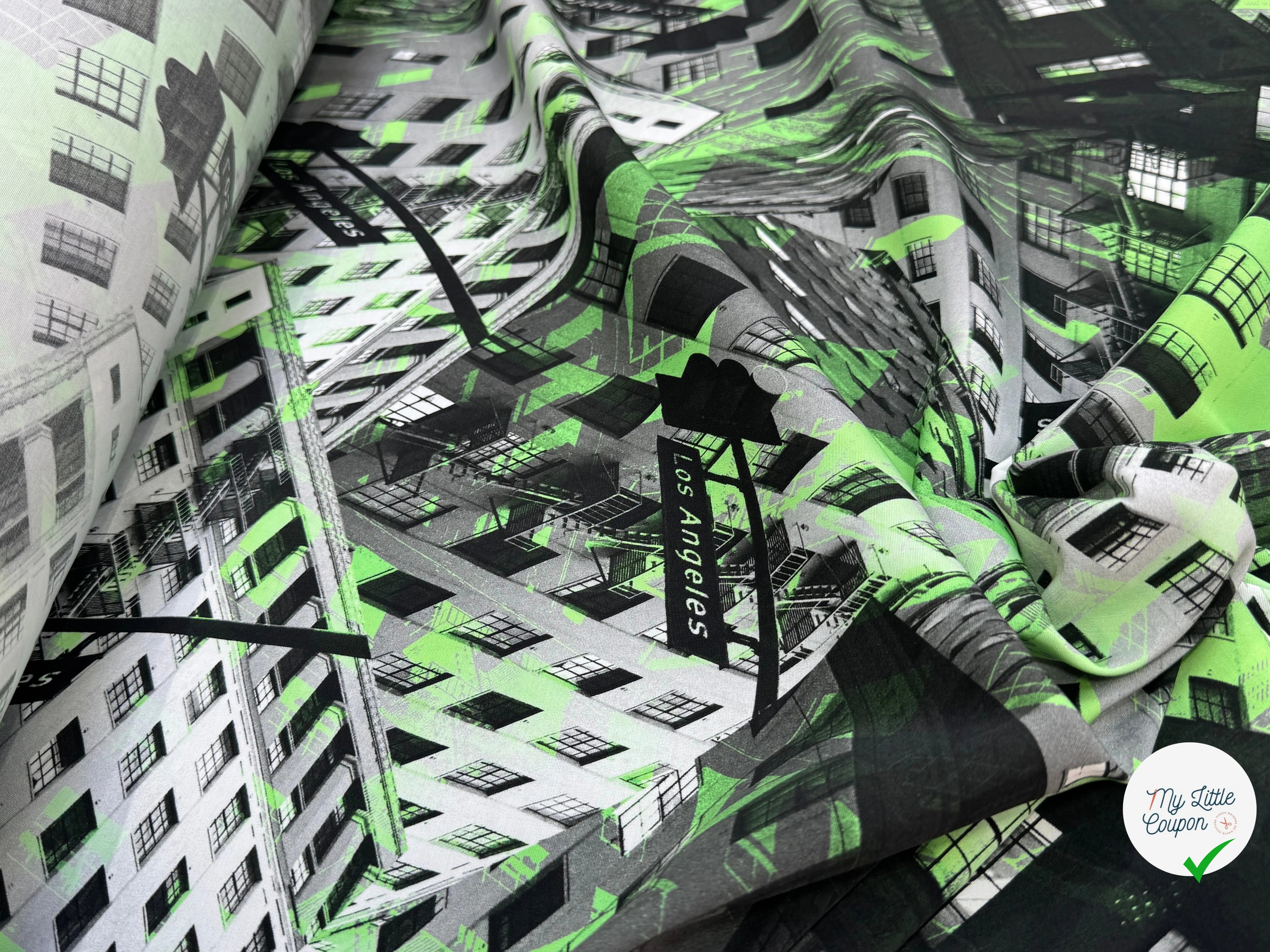 VISCOSE CALIPSO STRETCH IMPRIMÉ GRAPGIQUE TANGO BULDING VERT - My Little Coupon
