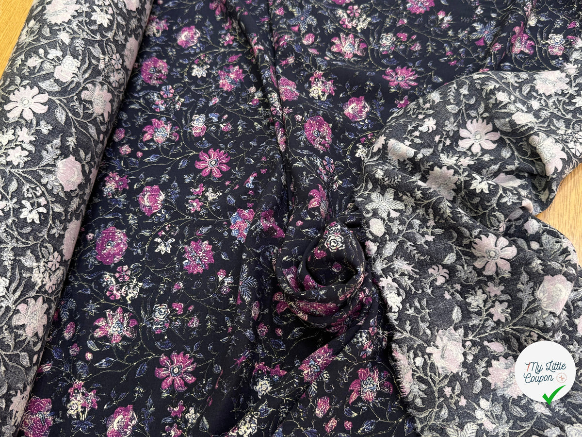 VISCOSE DOUCE ET FLUIDE  FOND NUIT FLORAUX VIOLET - My Little Coupon