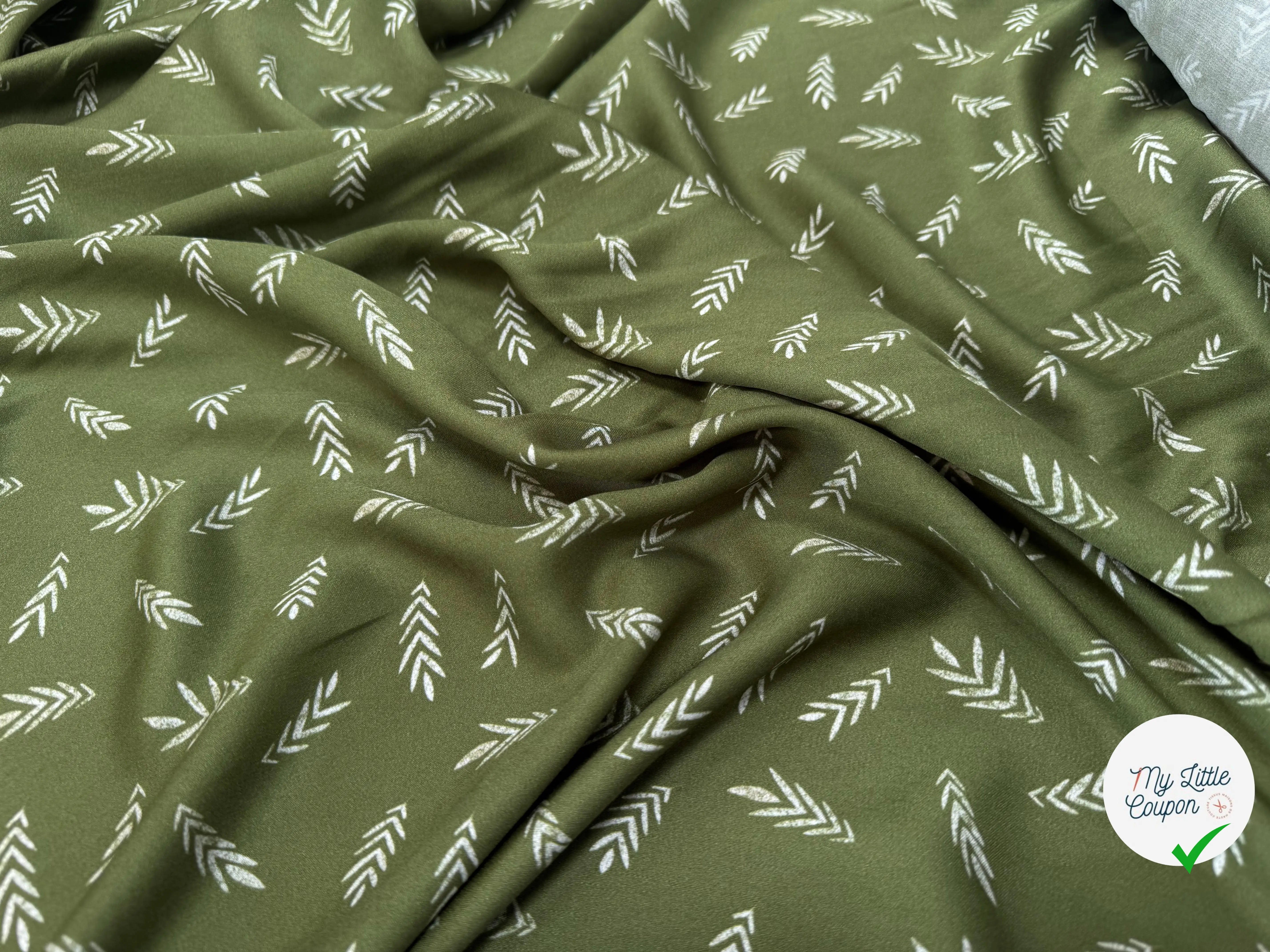 VISCOSE DOUCE TRES LEGEREMENT SATINEE MOTIF FEUILLAGES KAKI - My Little Coupon