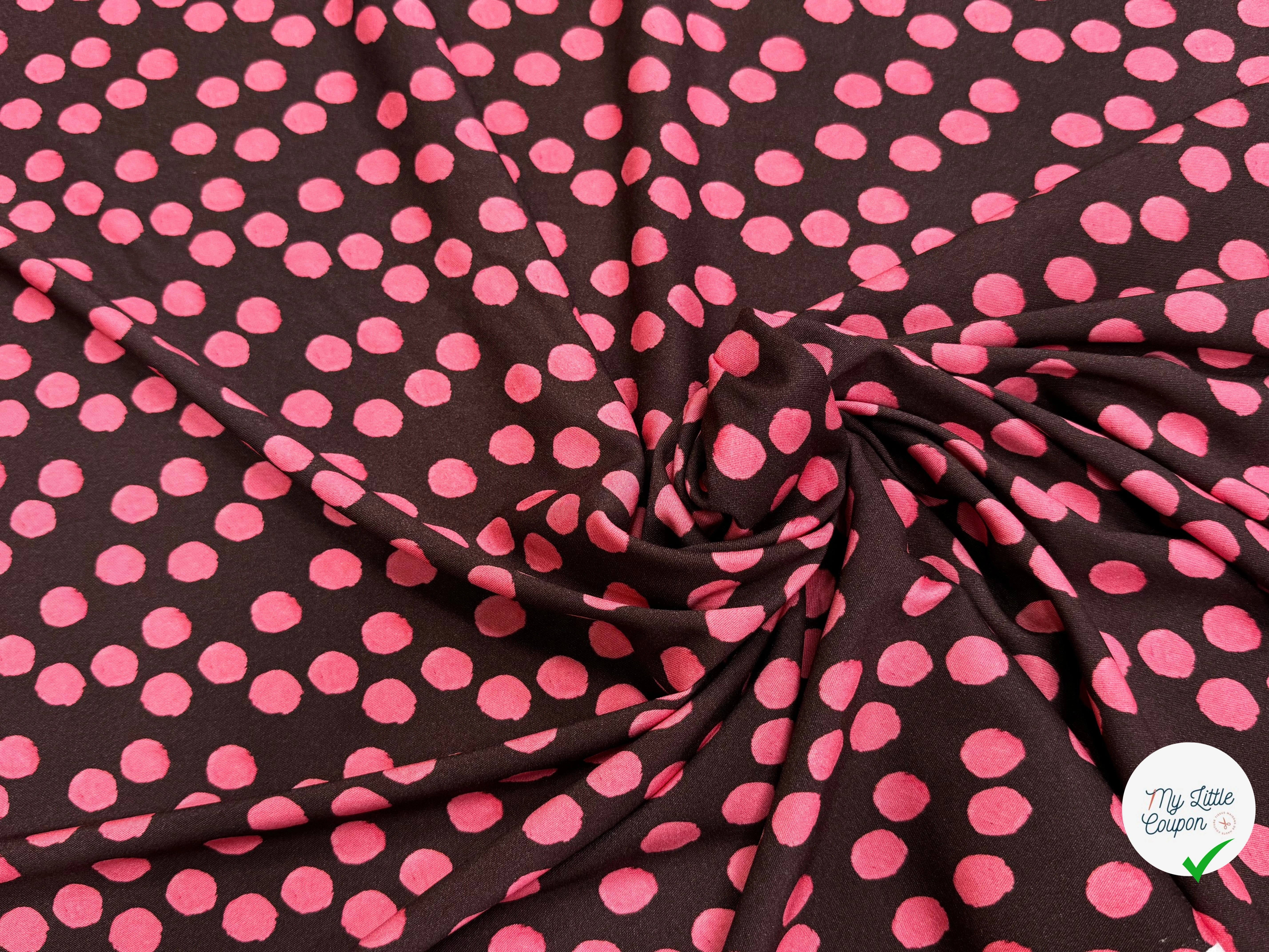 VISCOSE ÉLASTHANNE IMPRIMÉ POIS ROSES FOND MARRON - My Little Coupon