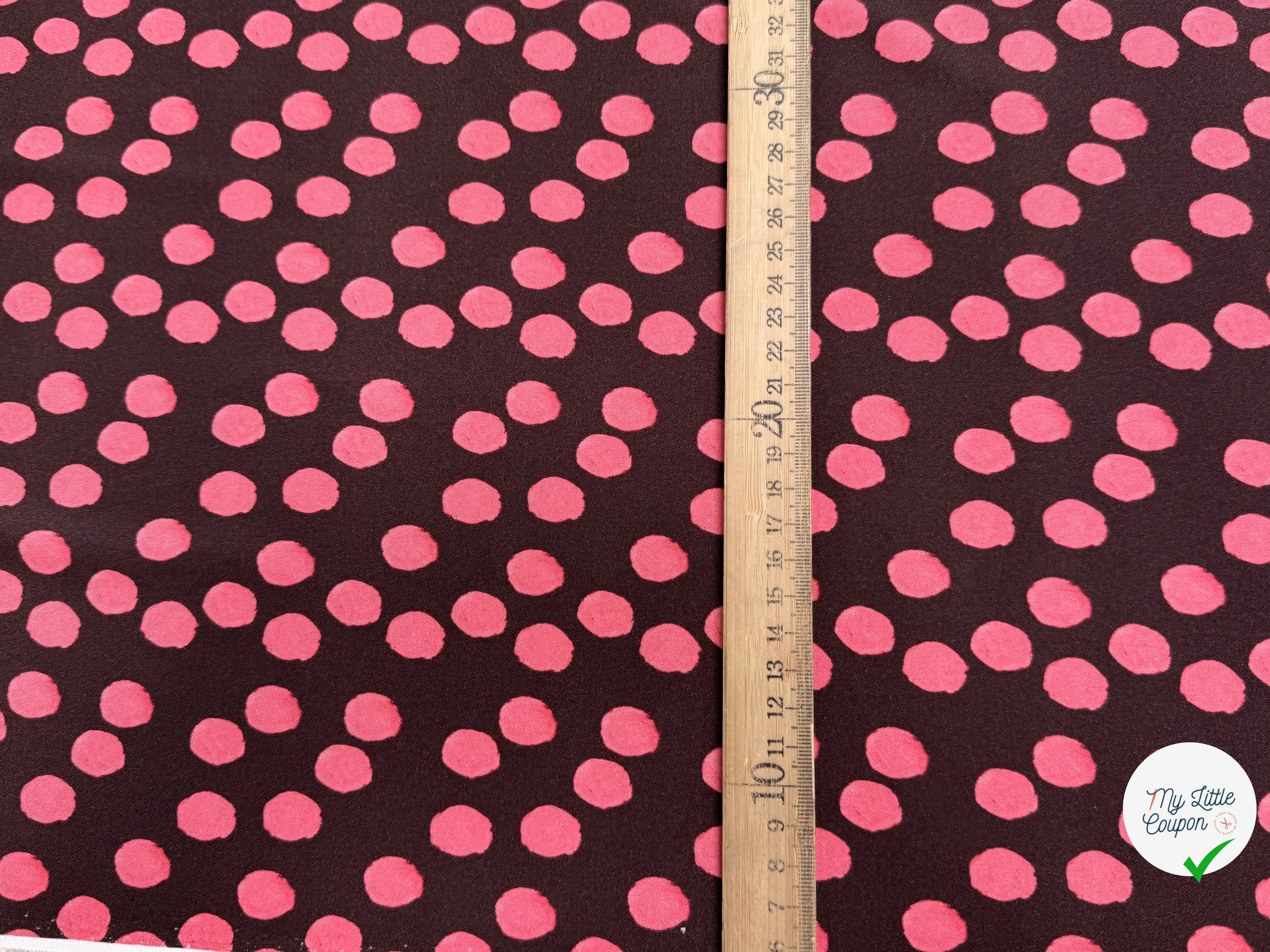 VISCOSE ÉLASTHANNE IMPRIMÉ POIS ROSES FOND MARRON - My Little Coupon