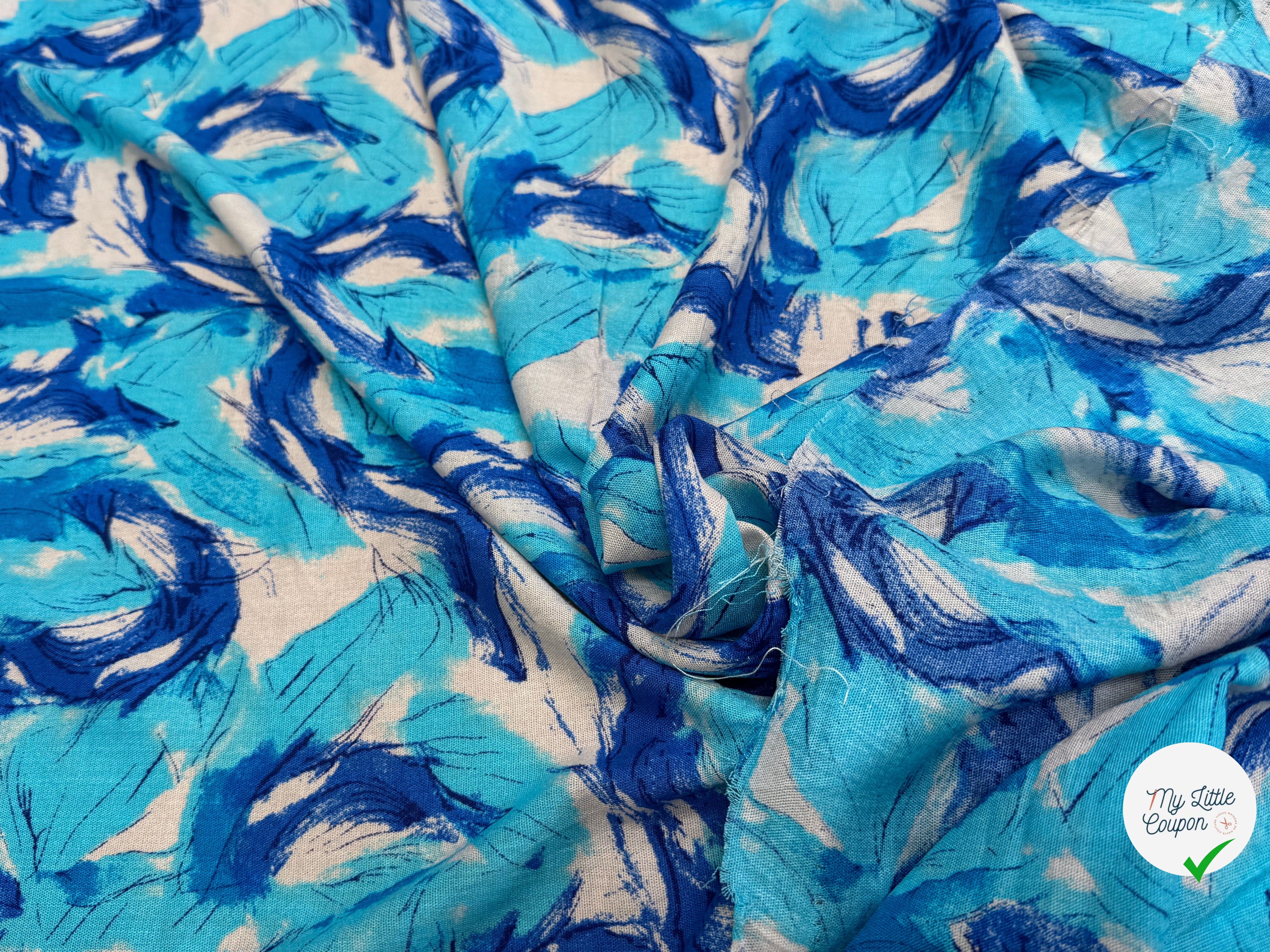 VISCOSE FLUIDE FOND BLANC IMPRIMÉE TOURBILLON ROI TURQUOISE - My Little Coupon