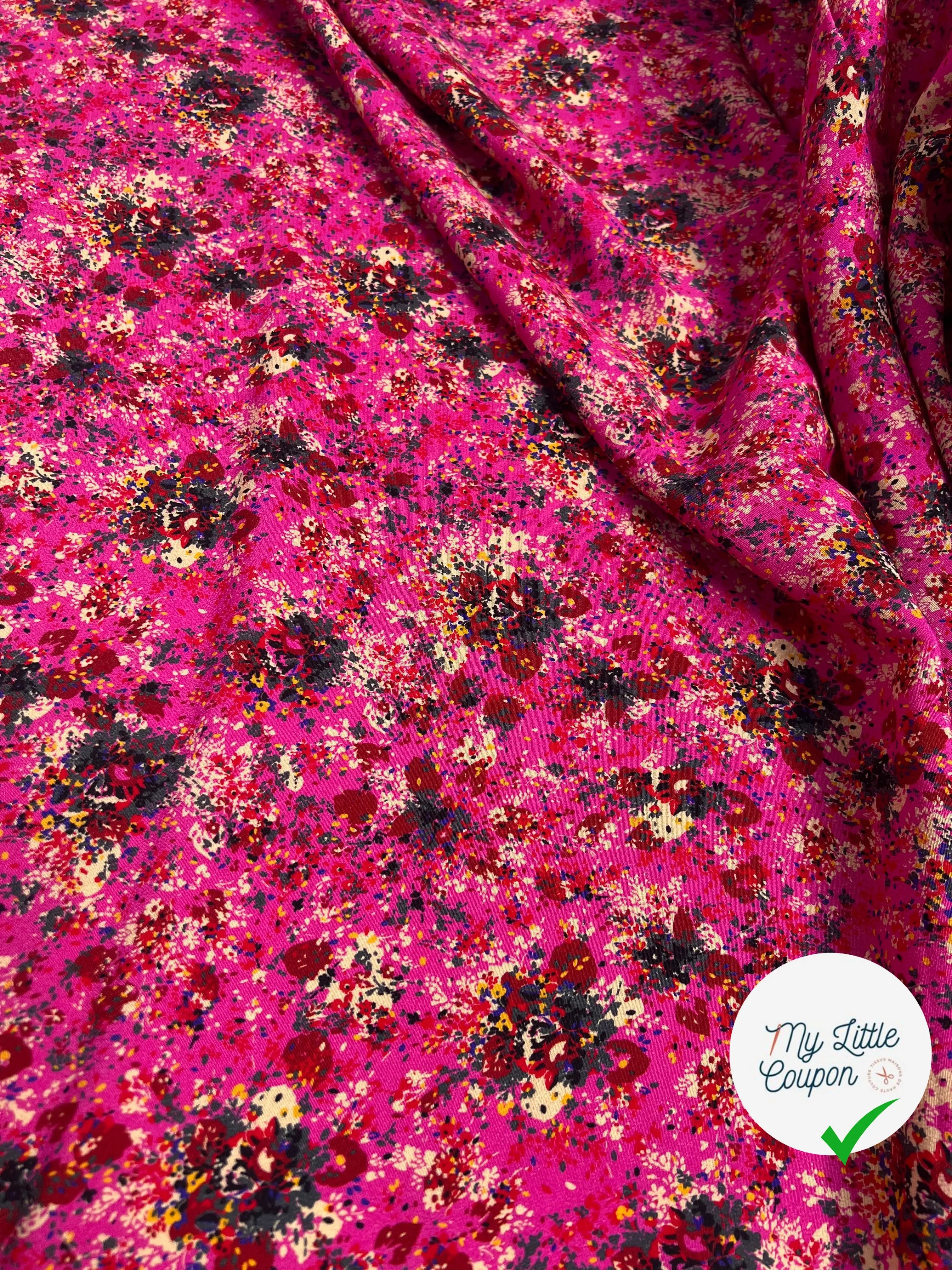 VISCOSE IMPRIMÉ FOND ROSE MOTIFS BOUQUET DE FLEURS - My Little Coupon