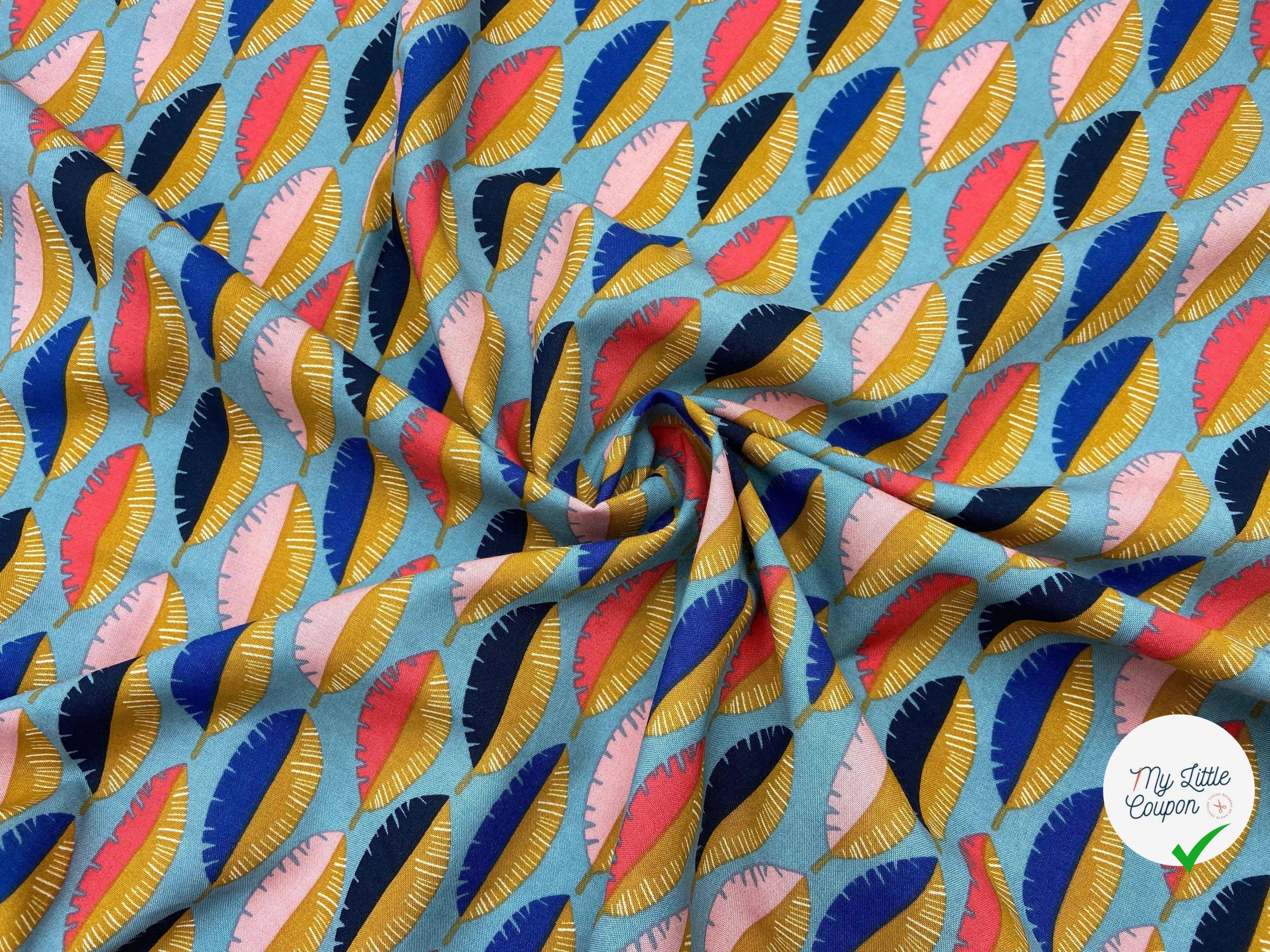 VISCOSE IMPRIMÉE FEUILLES MULTICOLORE FOND BLEU - My Little Coupon - tissu - coudre