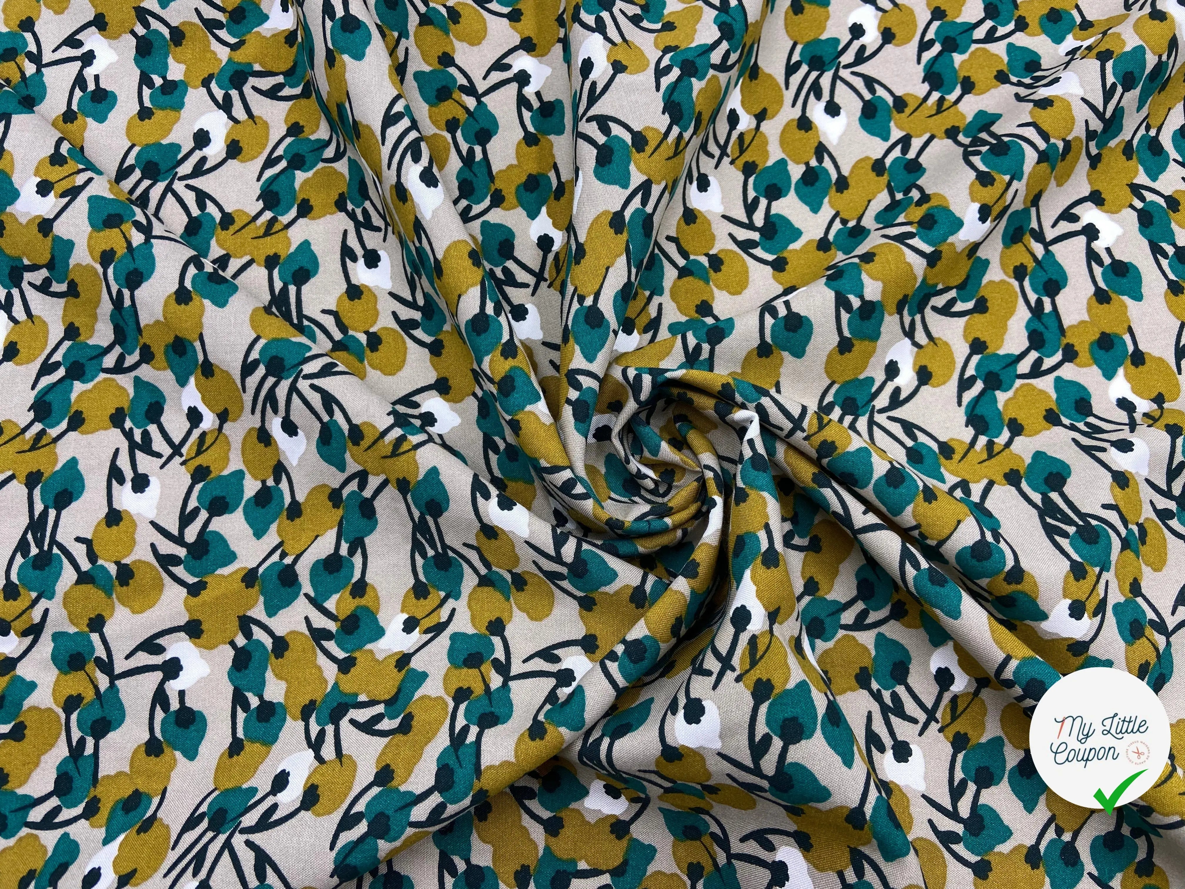 VISCOSE JOLIES FLEURS ÉMERAUDES FOND BEIGE - My Little Coupon - tissu - coudre