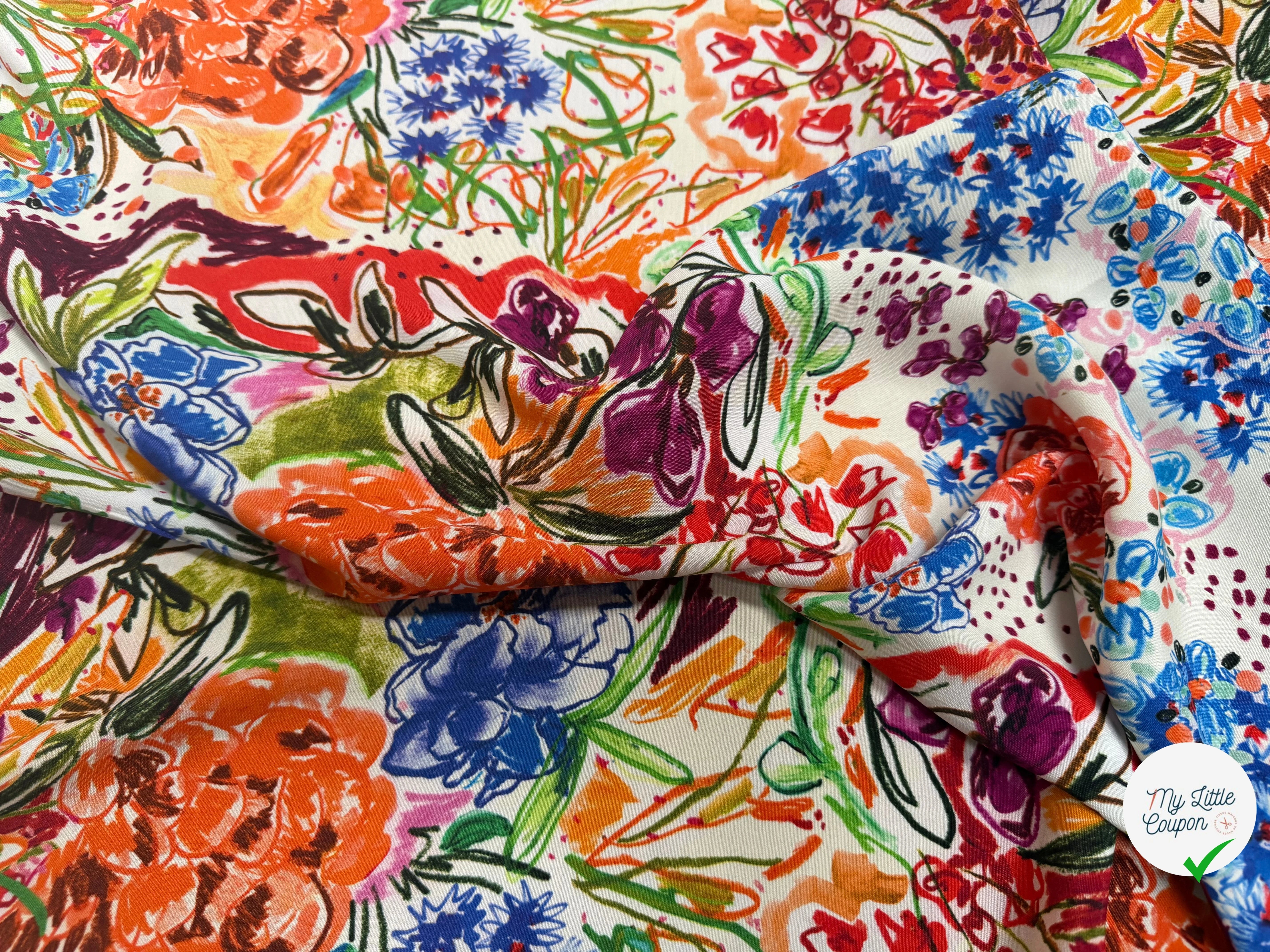 VISCOSE LÉGÈREMENT CREPÉE IMPRIMÉ FLORAL MULTICOLORE FANTASY GARDEN - My Little Coupon