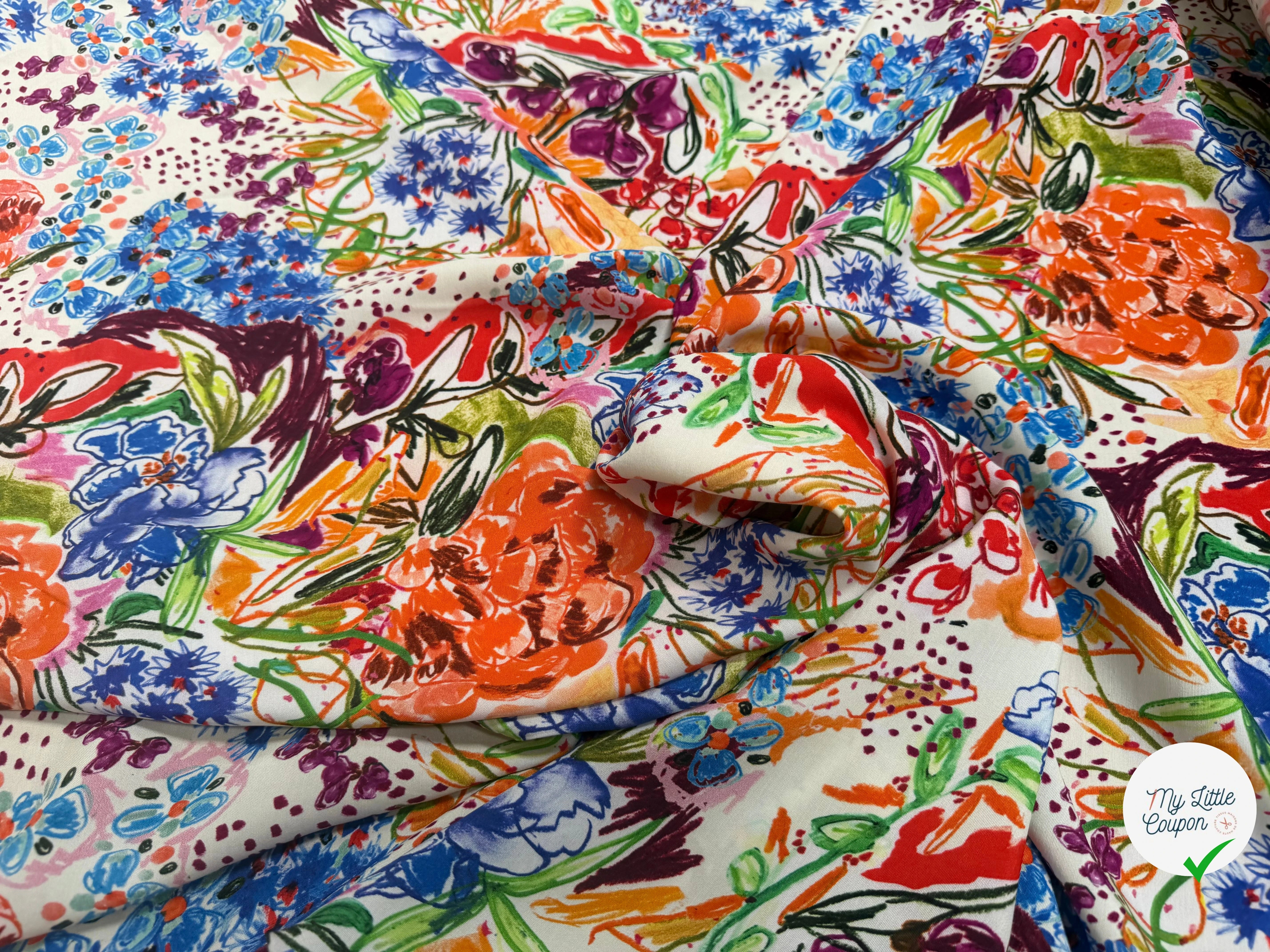 VISCOSE LÉGÈREMENT CREPÉE IMPRIMÉ FLORAL MULTICOLORE FANTASY GARDEN - My Little Coupon