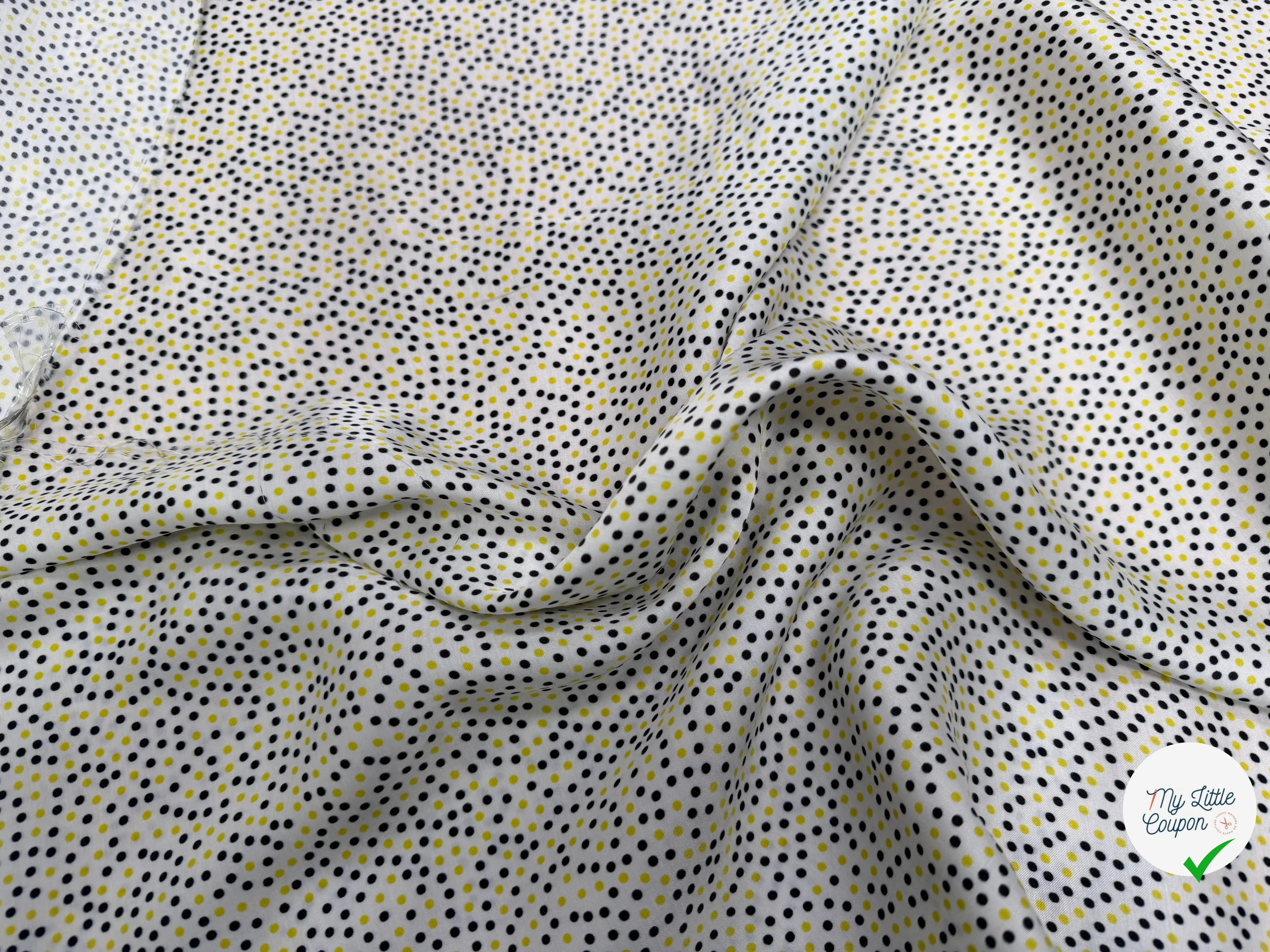 VISCOSE LEGREMENT SATINÉE FOND BLANC CERLES NOIR ET JAUNE QUALITÉ COMO - My Little Coupon