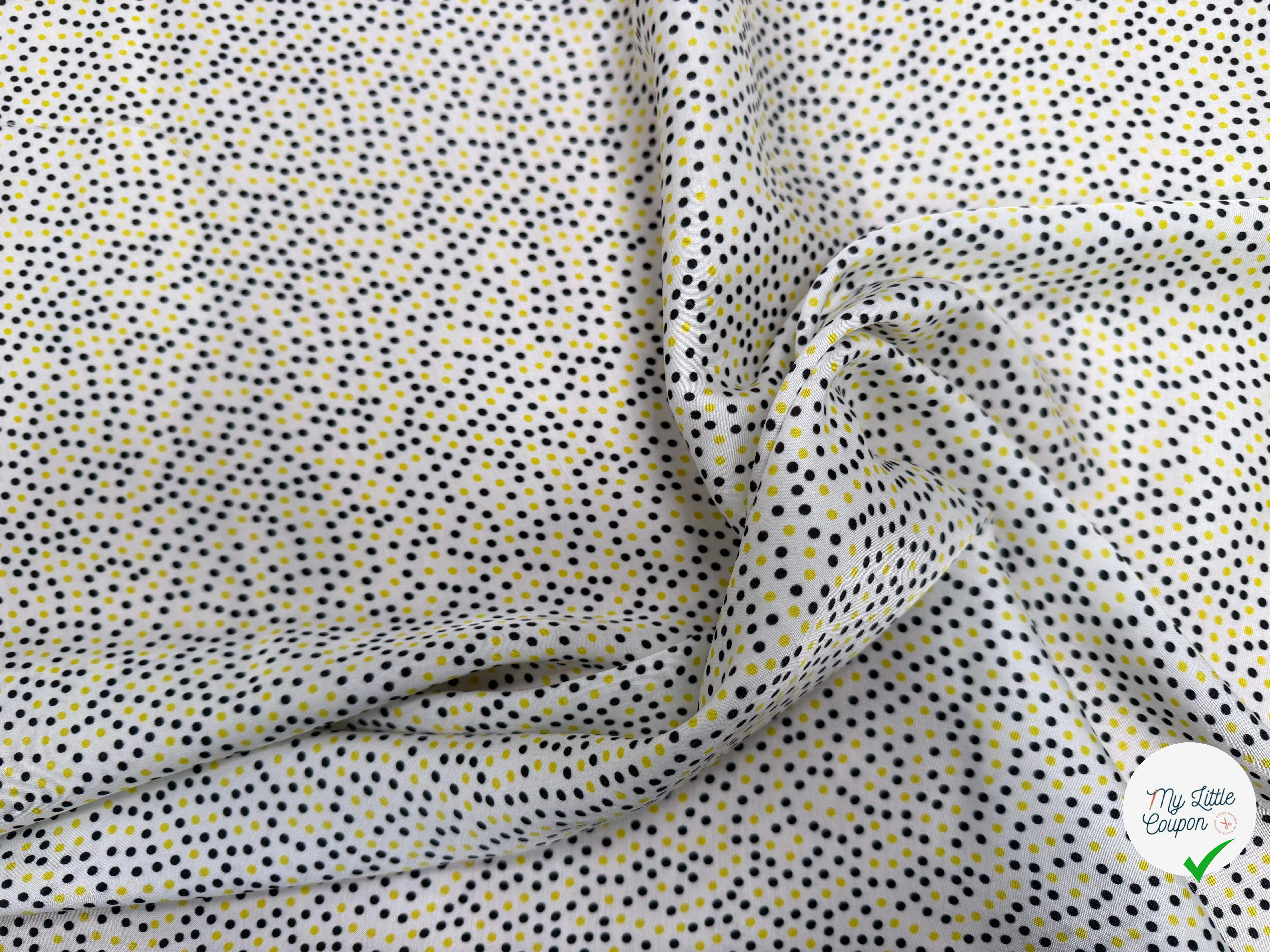 VISCOSE LEGREMENT SATINÉE FOND BLANC CERLES NOIR ET JAUNE QUALITÉ COMO - My Little Coupon