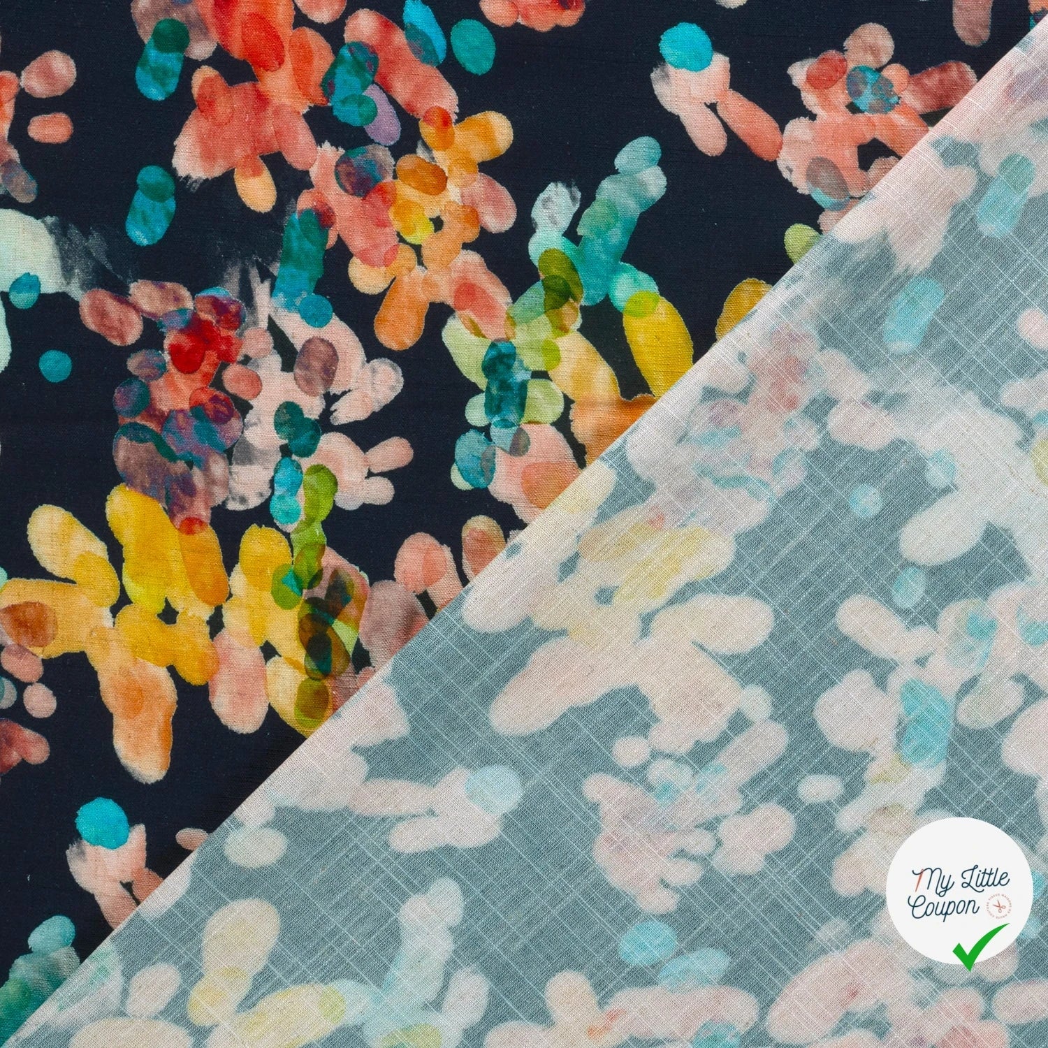 VISCOSE LIN CHAINE ET TRAME TISSU IMPRIMÉ ABSTRAIT BLEU MARINE #3 - My Little Coupon