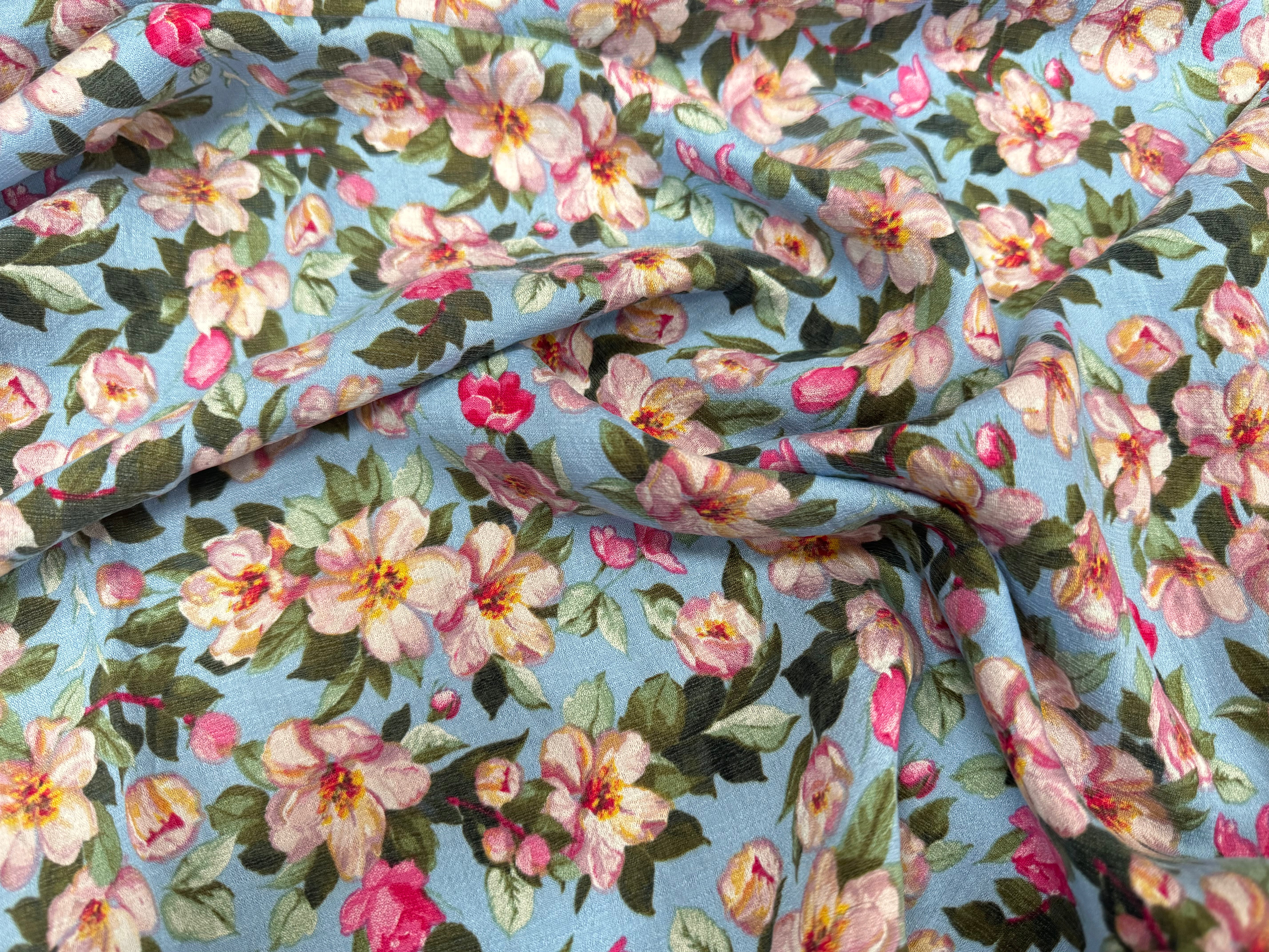 VISCOSE NYLON CREPE TISSU IMPRIMÉ FLEURS BLEU BÉBÉ - My Little Coupon
