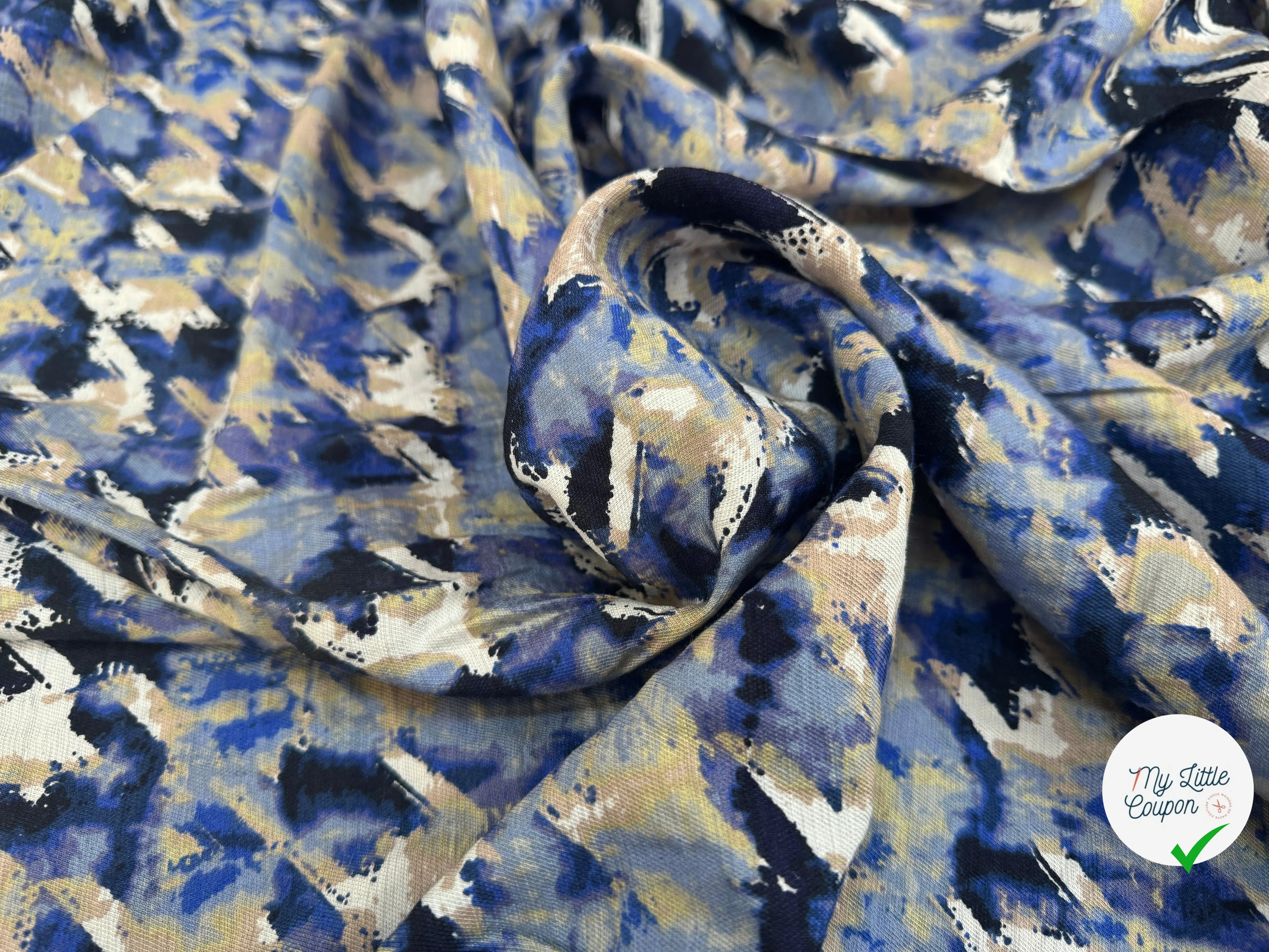 VISCOSE NYLON TWILL TISSU IMPRIMÉ ABSTRAIT BLEU MARINE - My Little Coupon