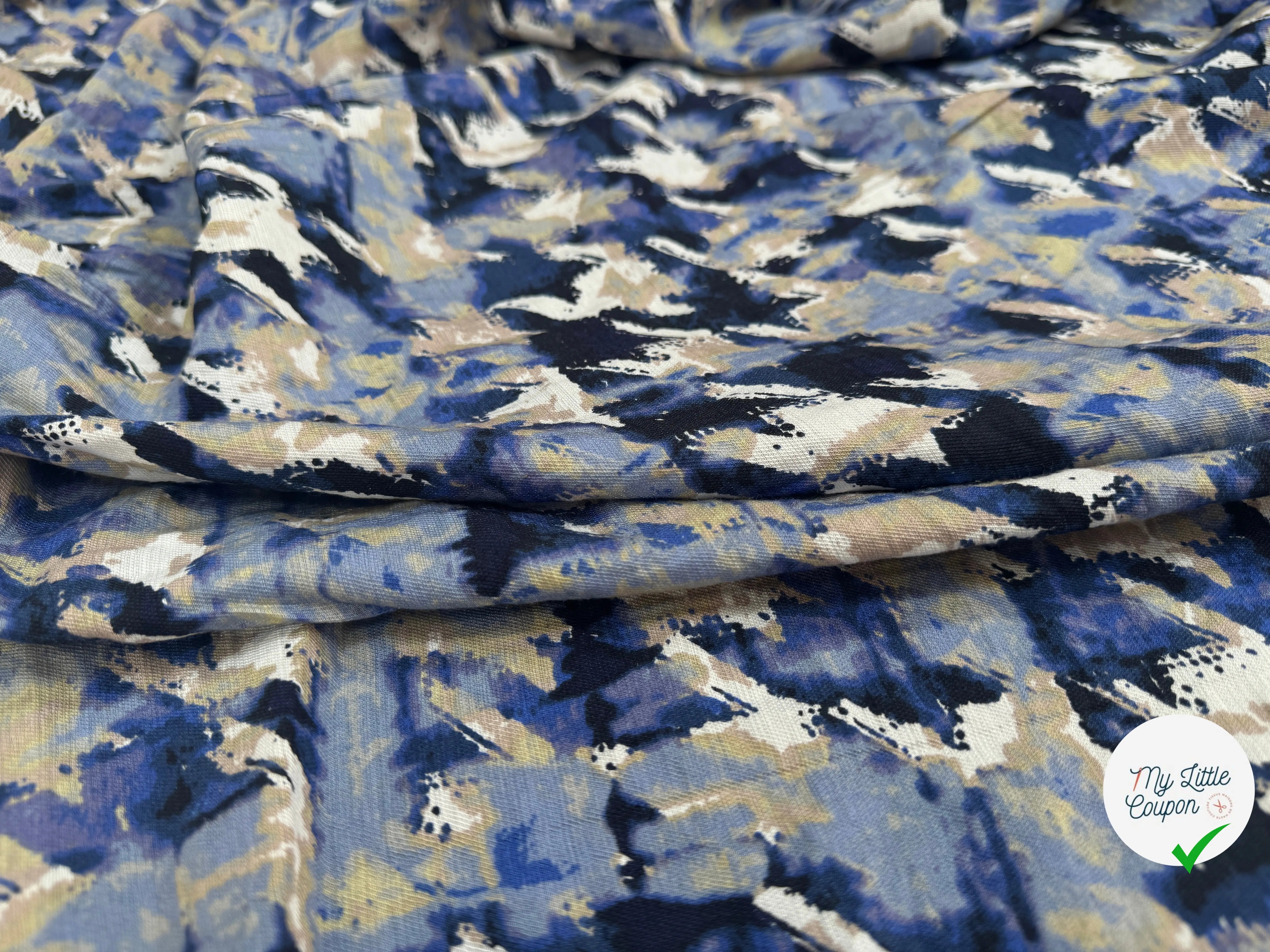 VISCOSE NYLON TWILL TISSU IMPRIMÉ ABSTRAIT BLEU MARINE - My Little Coupon
