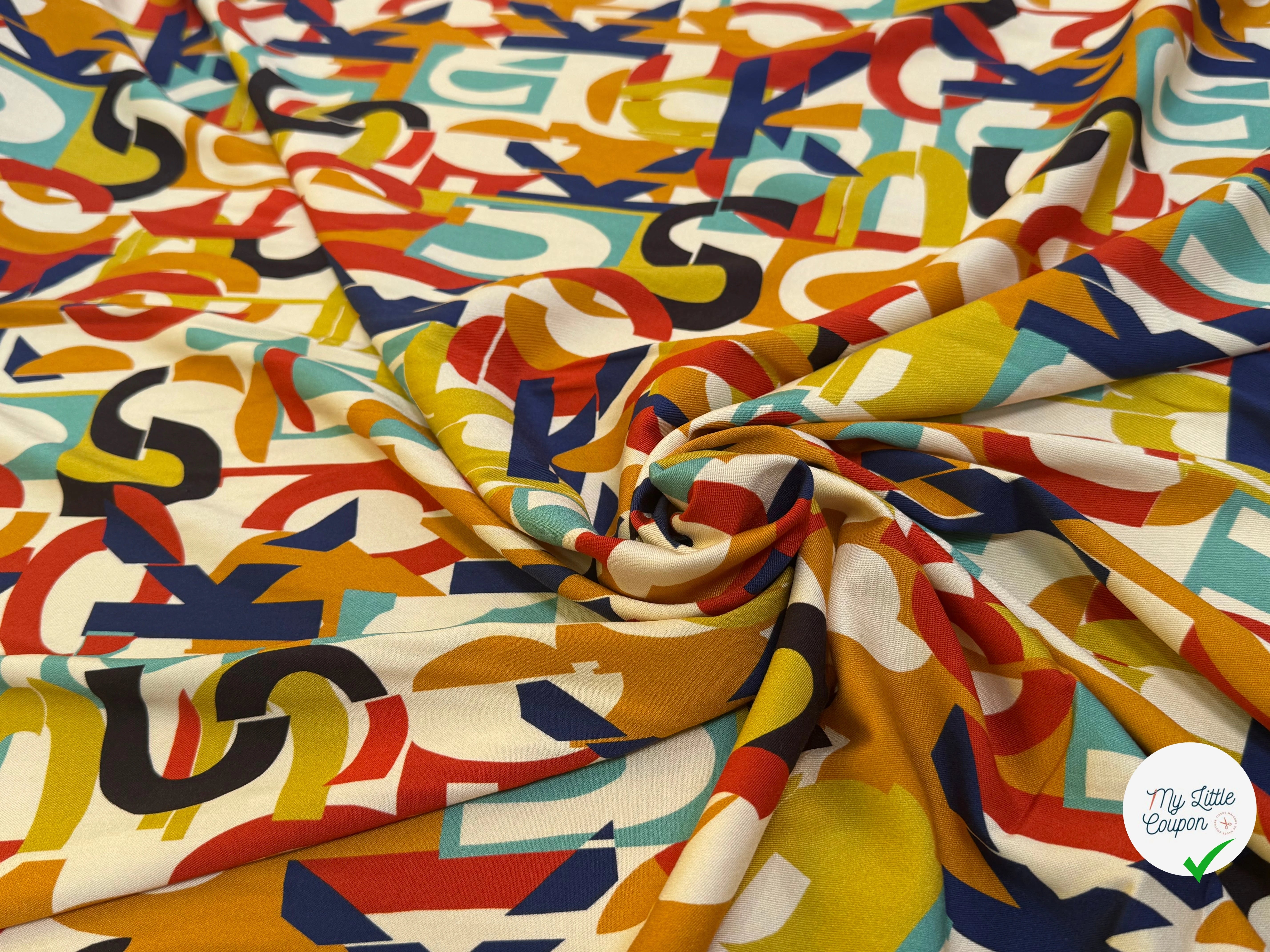 VISCOSE STRETCH IMPRIMÉ ALPHABET MULTICOLORES FANTASY - My Little Coupon