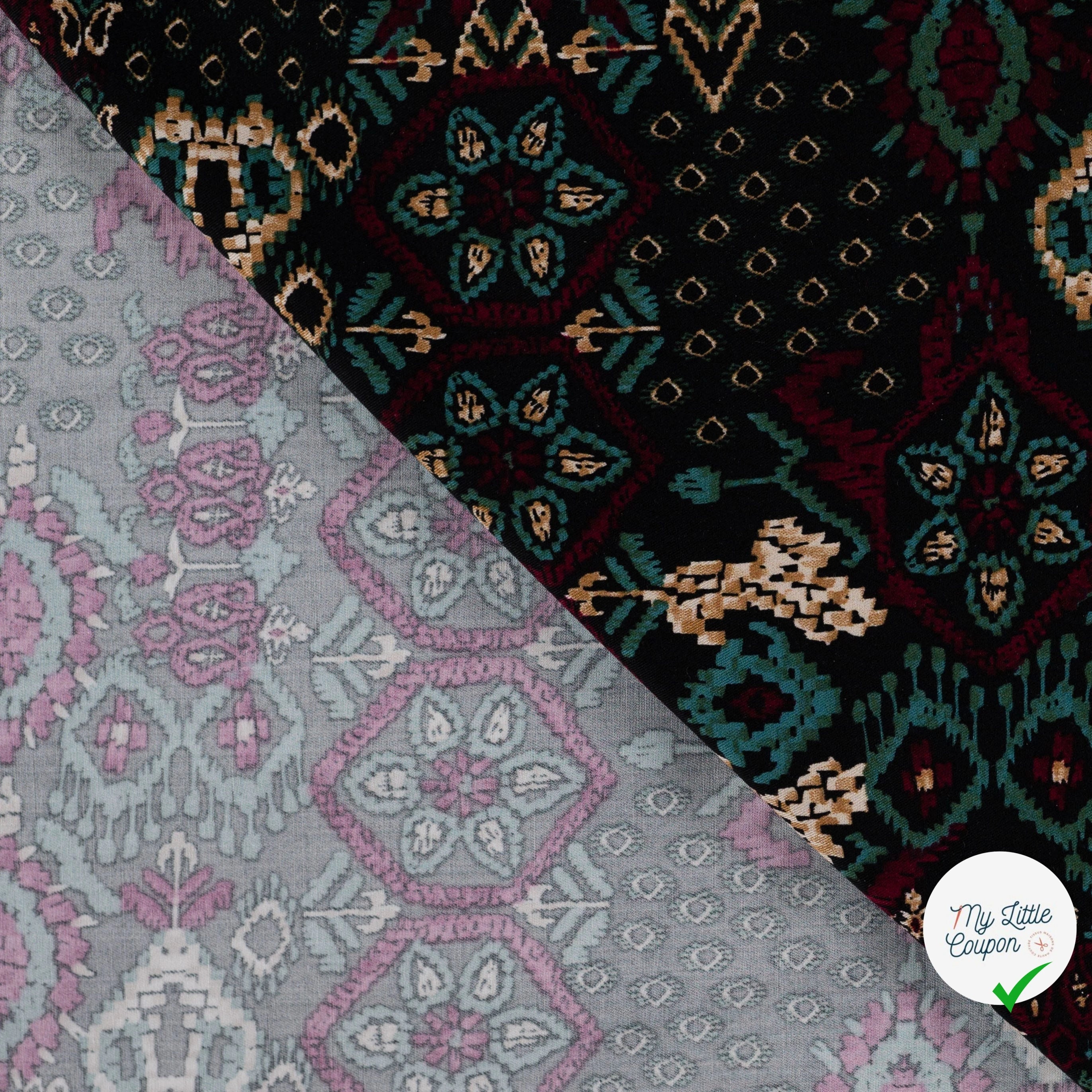 Viscose stretch imprimée rétro vert armée - détail du motif