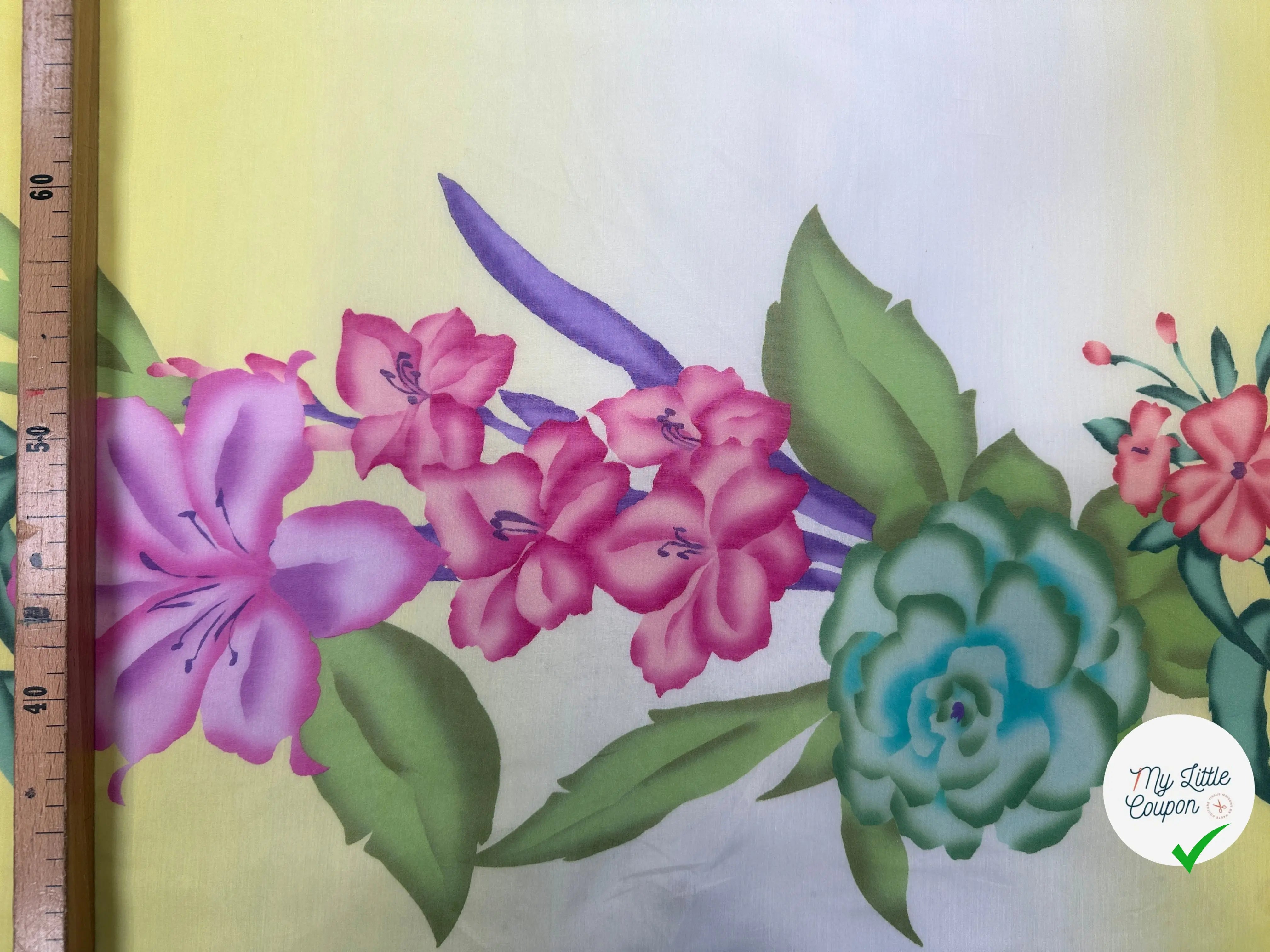 VOILAGE DE COTON SOIE BOUQUET DE FLEURS FOND JAUNE MLC INTERN