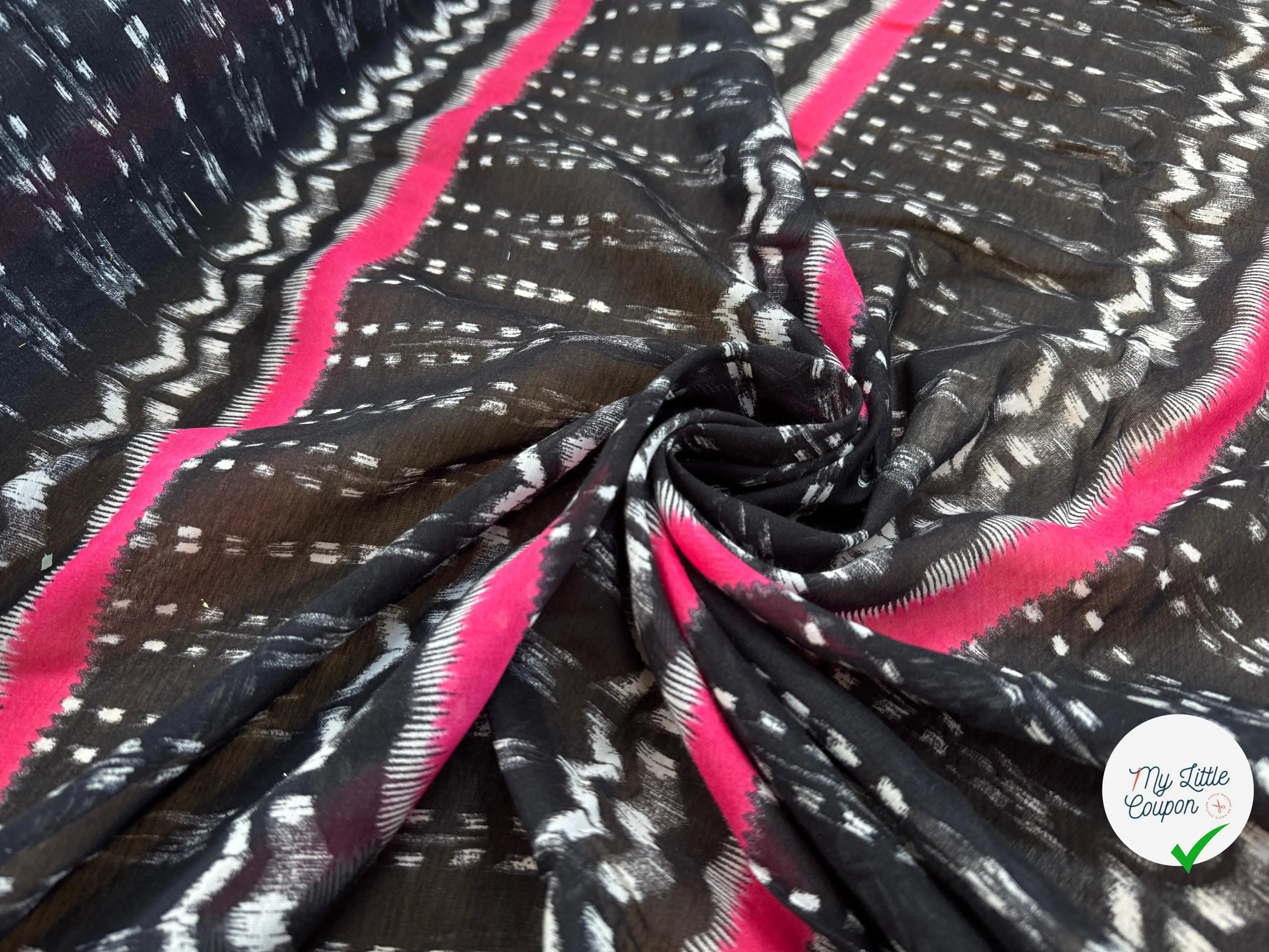 VOILE DE COTON FOND NOIR MOTIFS GÉOMÉTRIQUE ROSE ET BLANC - My Little Coupon