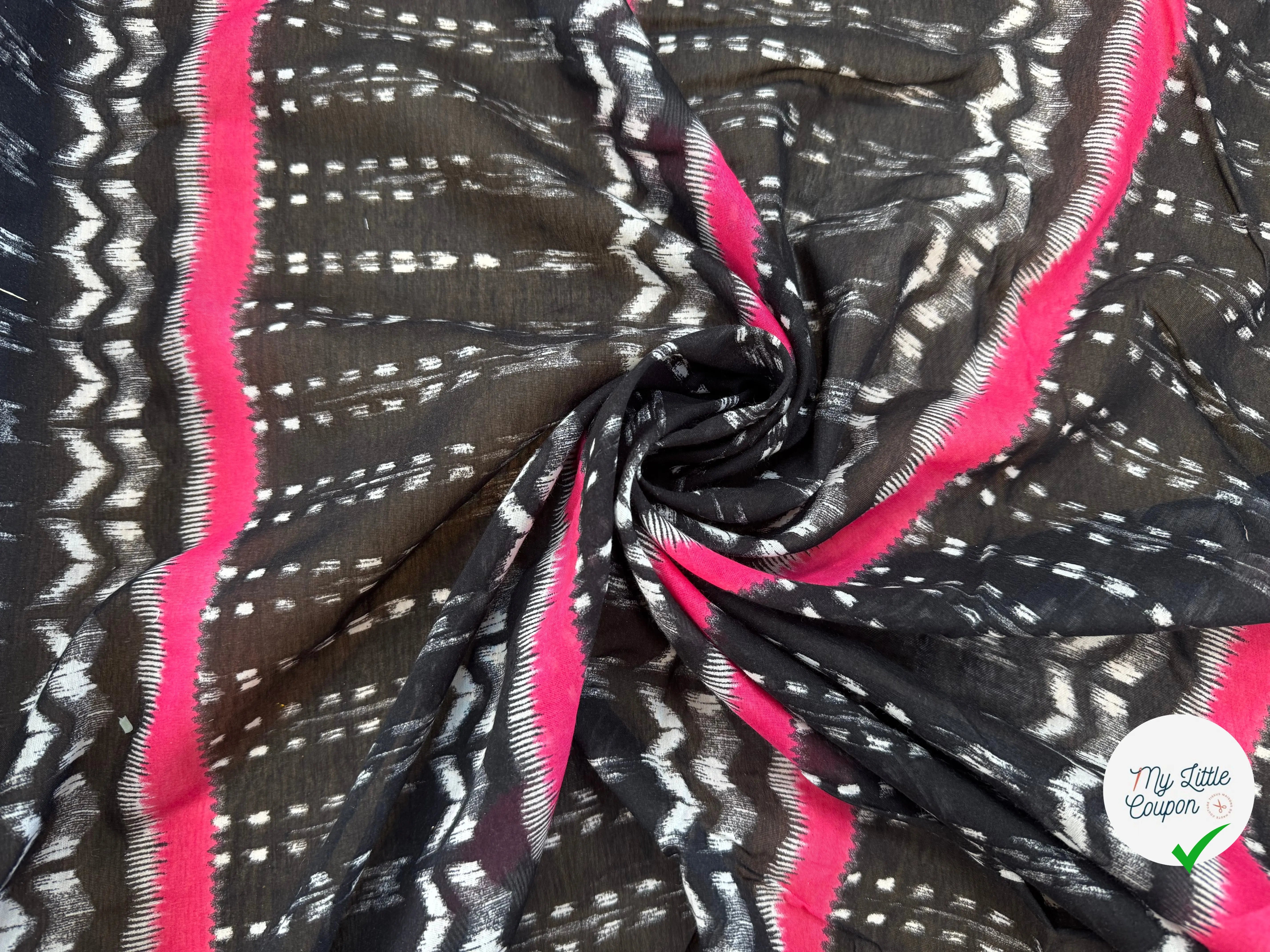 VOILE DE COTON FOND NOIR MOTIFS GÉOMÉTRIQUE ROSE ET BLANC - My Little Coupon