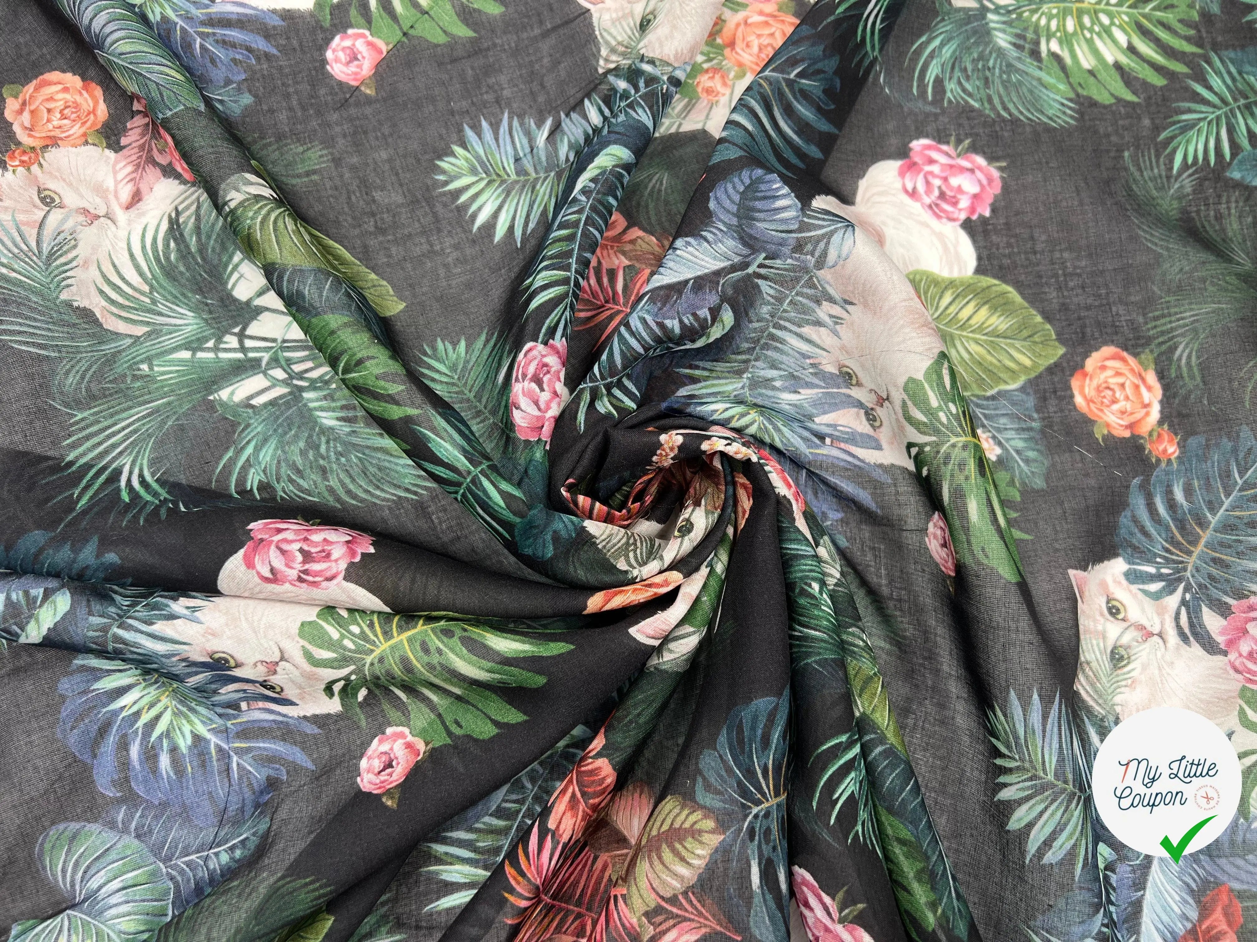 VOILE DE COTON IMPRIMÉ BOUQUETS ET RAMAGES FOND NOIR - My Little Coupon - tissu - coudre
