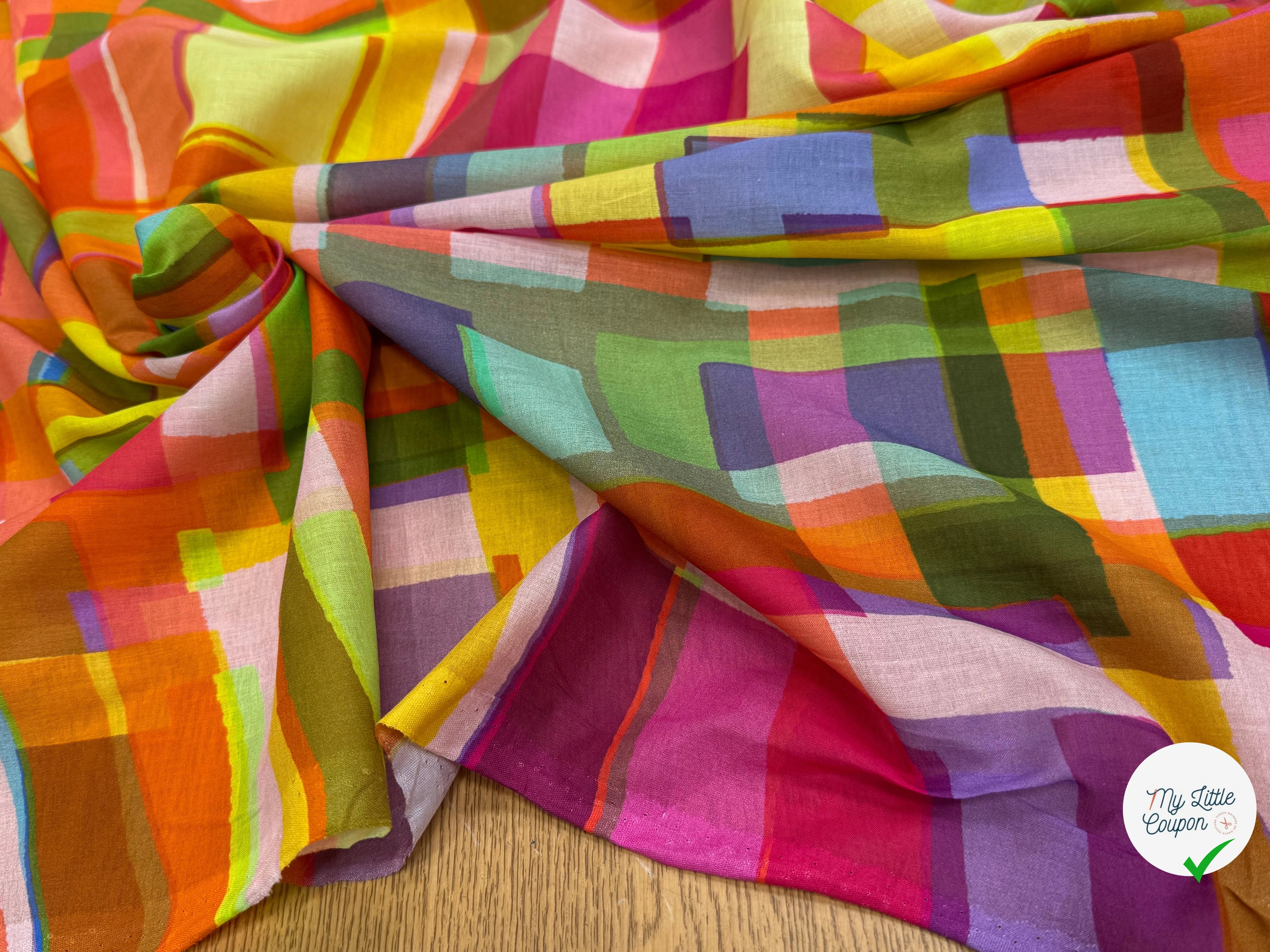 VOILE DE COTON LEGER PLEXI IMPRIMÉ CARREAUX MULTICOLORE - My Little Coupon